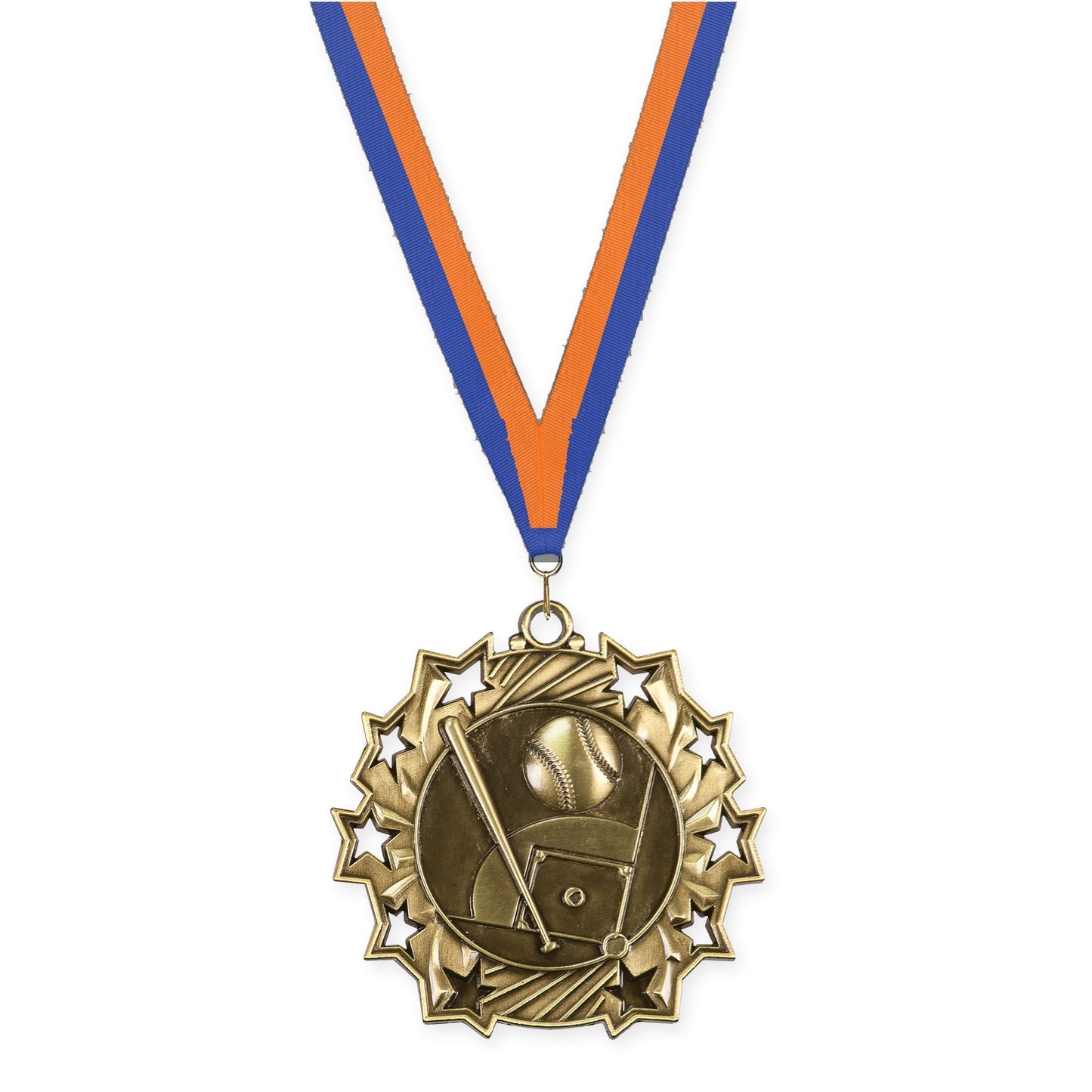 2 1/4 inch baseball and softball Ten Star medal in antique gold with Blue Orange neck ribbon