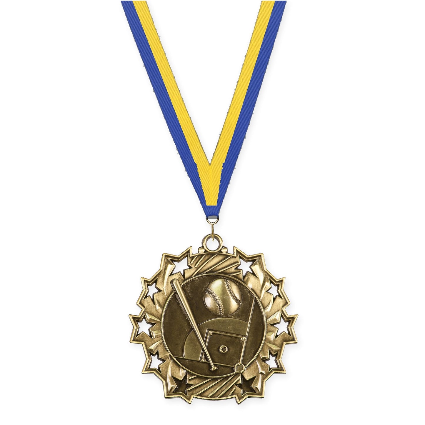 2 1/4 inch baseball and softball Ten Star medal in antique gold with Blue Yellow neck ribbon