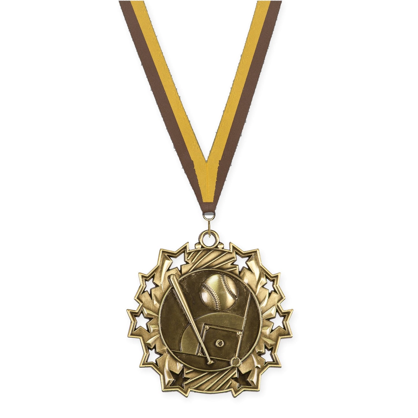2 1/4 inch baseball and softball Ten Star medal in antique gold with Brown Gold neck ribbon