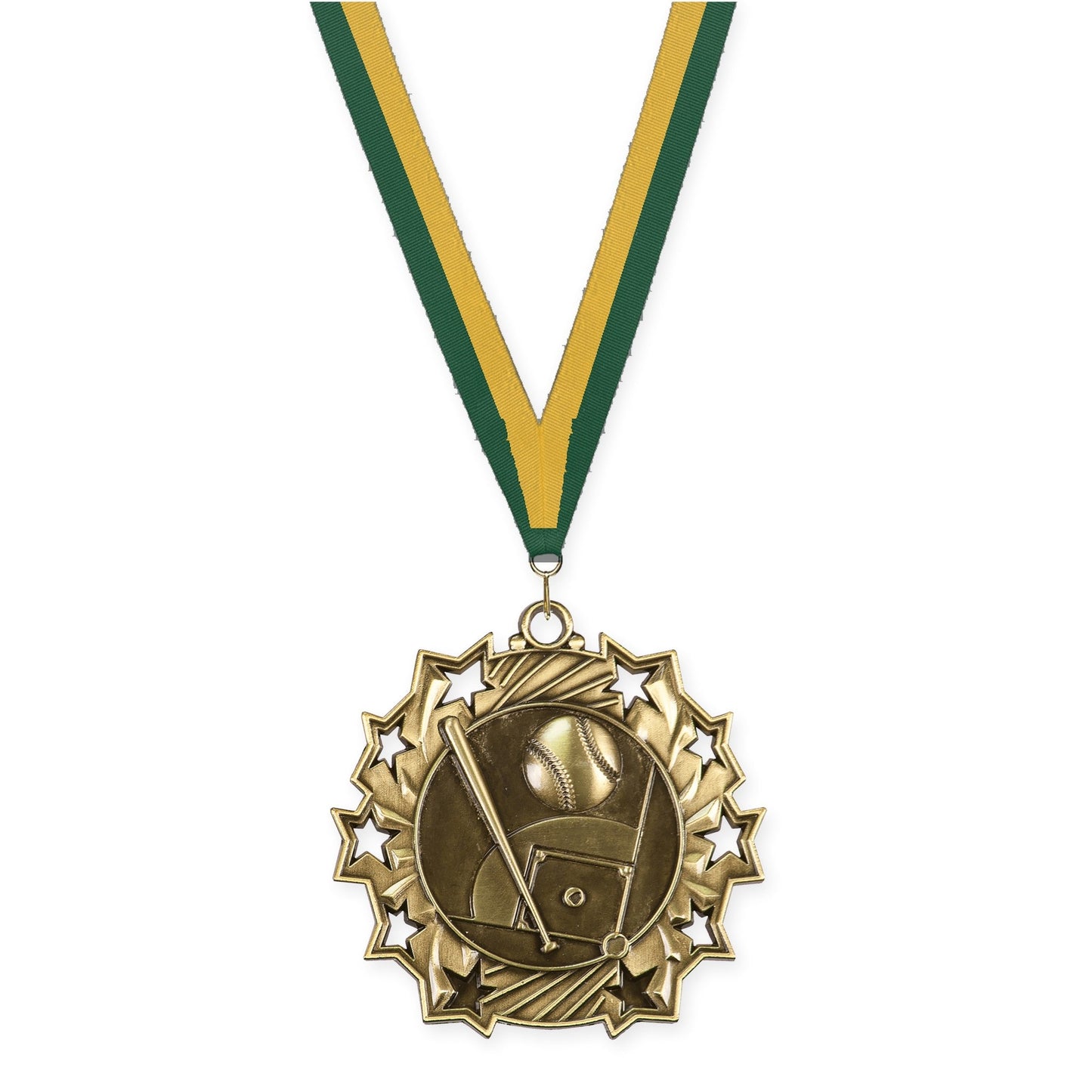 2 1/4 inch baseball and softball Ten Star medal in antique gold with Hunter Green Gold neck ribbon