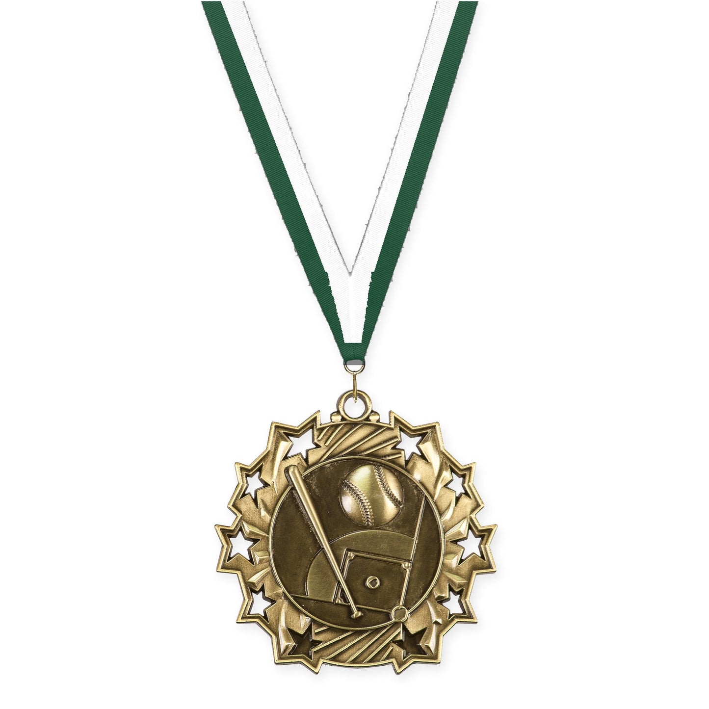 2 1/4 inch baseball and softball Ten Star medal in antique gold with Hunter Green White neck ribbon