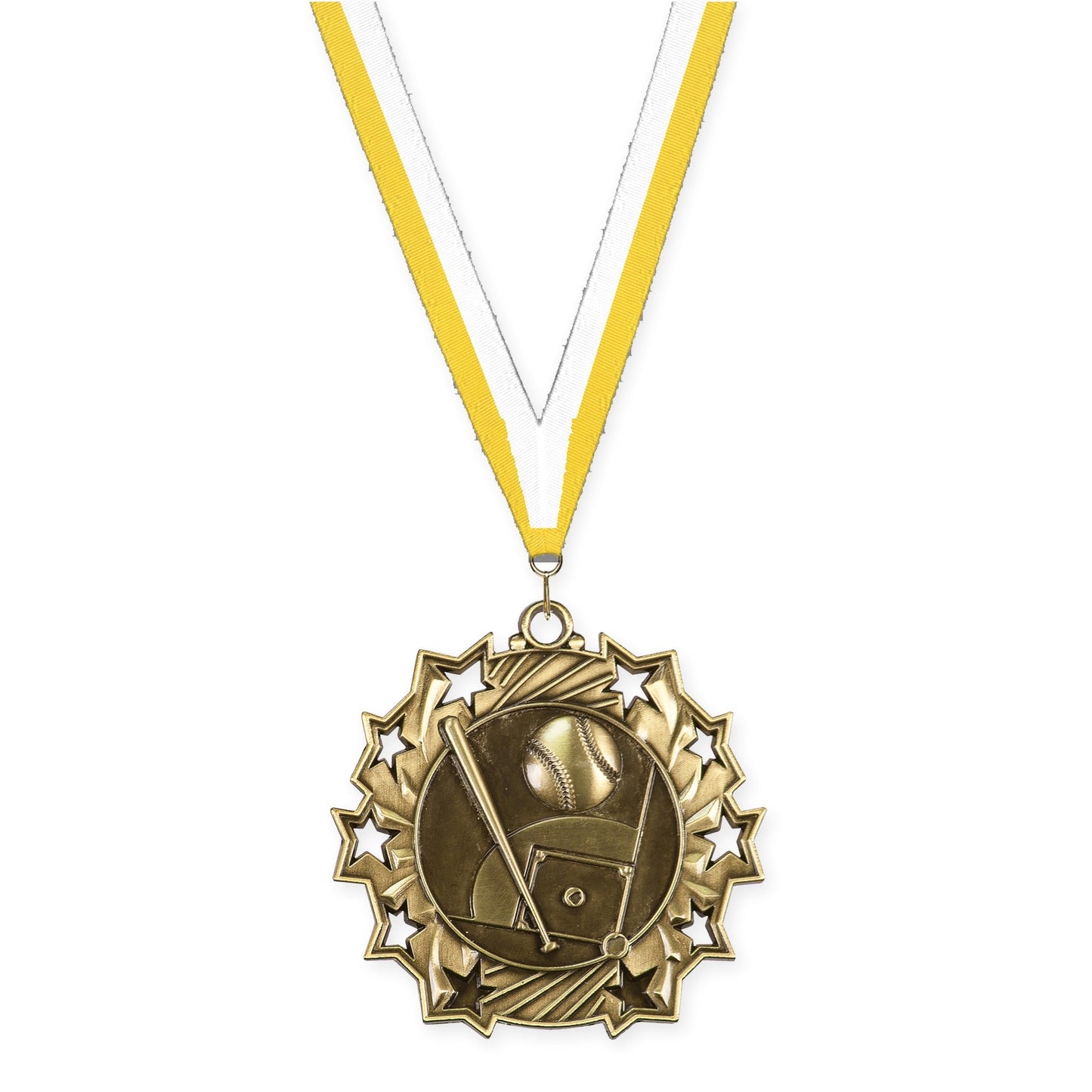 2 1/4 inch baseball and softball Ten Star medal in antique gold with Yellow White neck ribbon