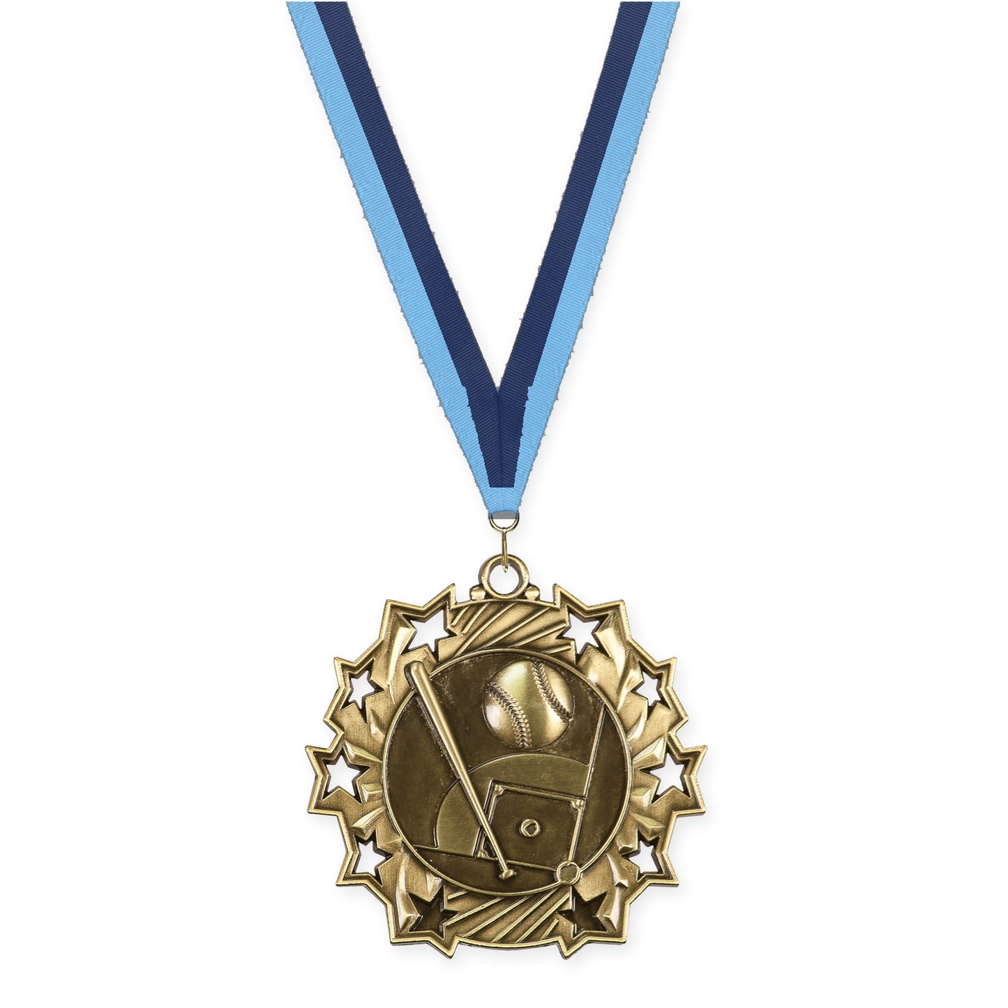 2 1/4 inch baseball and softball Ten Star medal in antique gold with Light Blue Navy neck ribbon