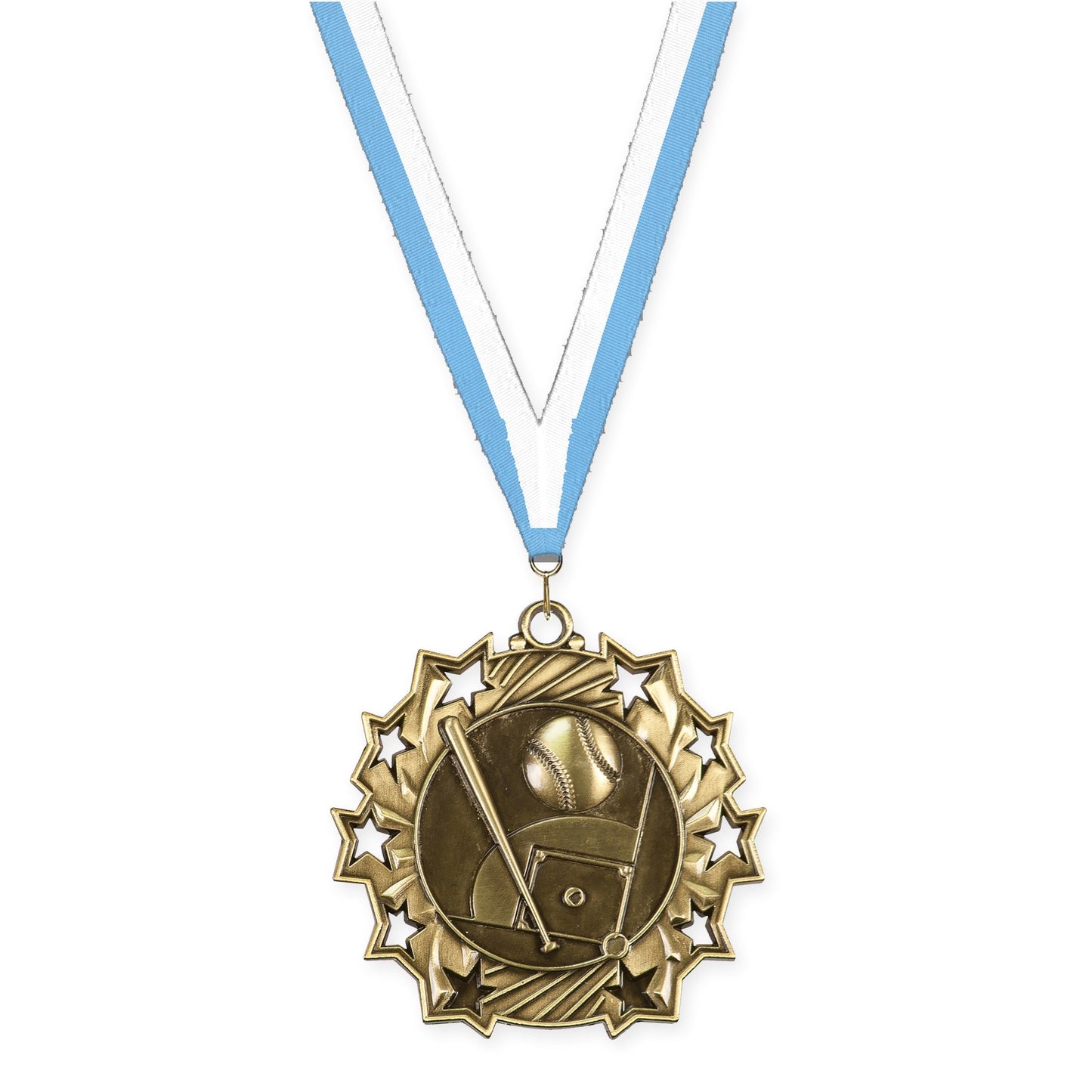 2 1/4 inch baseball and softball Ten Star medal in antique gold with Light Blue White neck ribbon