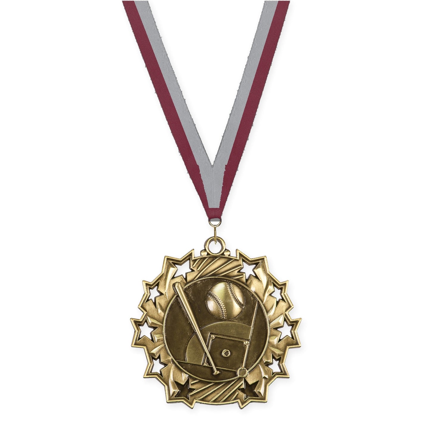 2 1/4 inch baseball and softball Ten Star medal in antique gold with Maroon Gray neck ribbon