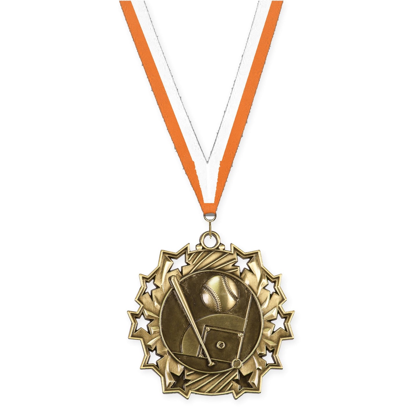2 1/4 inch baseball and softball Ten Star medal in antique gold with Orange White neck ribbon