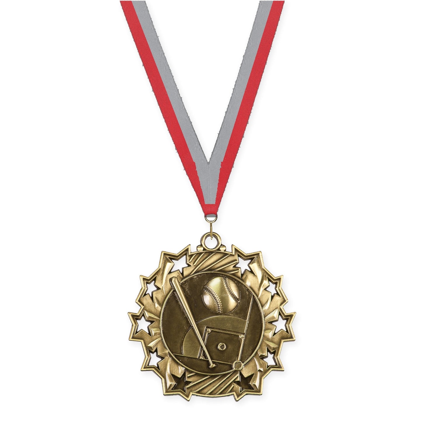 2 1/4 inch baseball and softball Ten Star medal in antique gold with Red Gray neck ribbon
