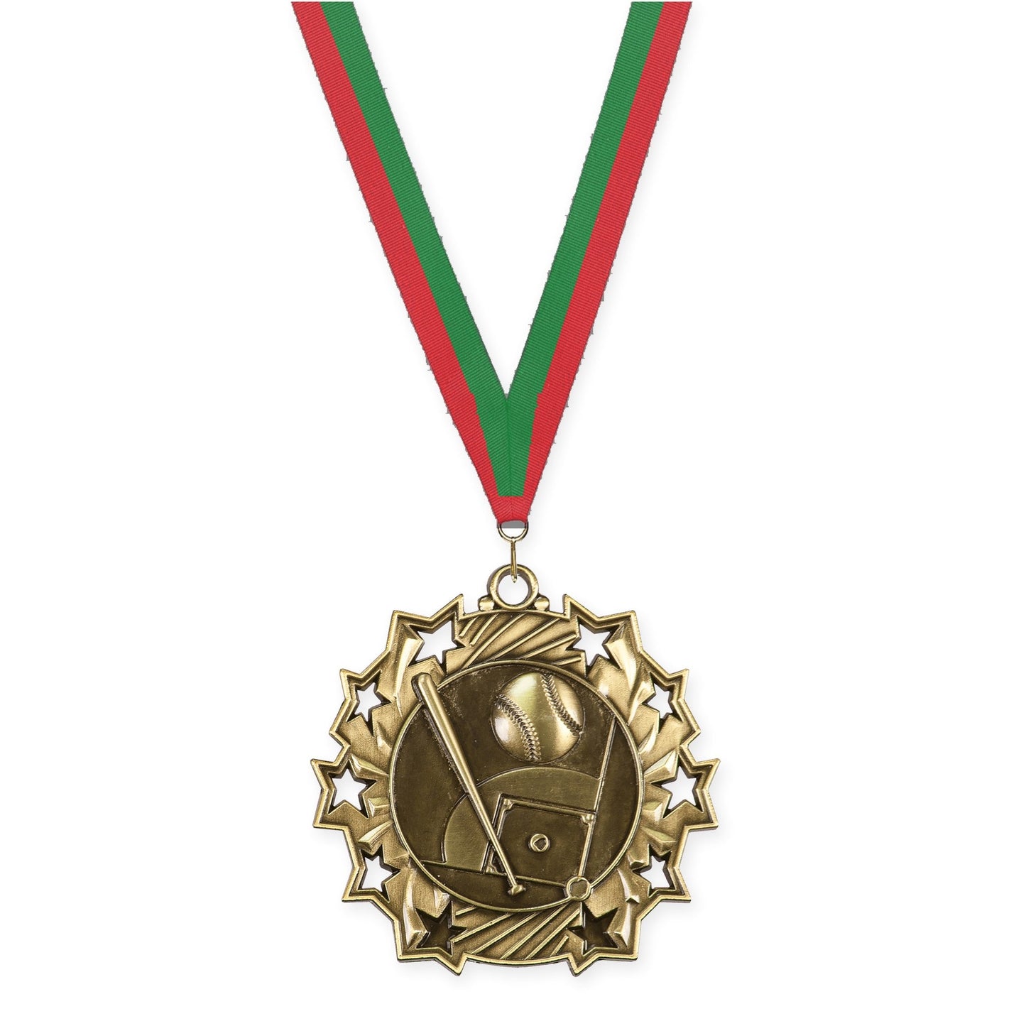 2 1/4 inch baseball and softball Ten Star medal in antique gold with Red Green neck ribbon