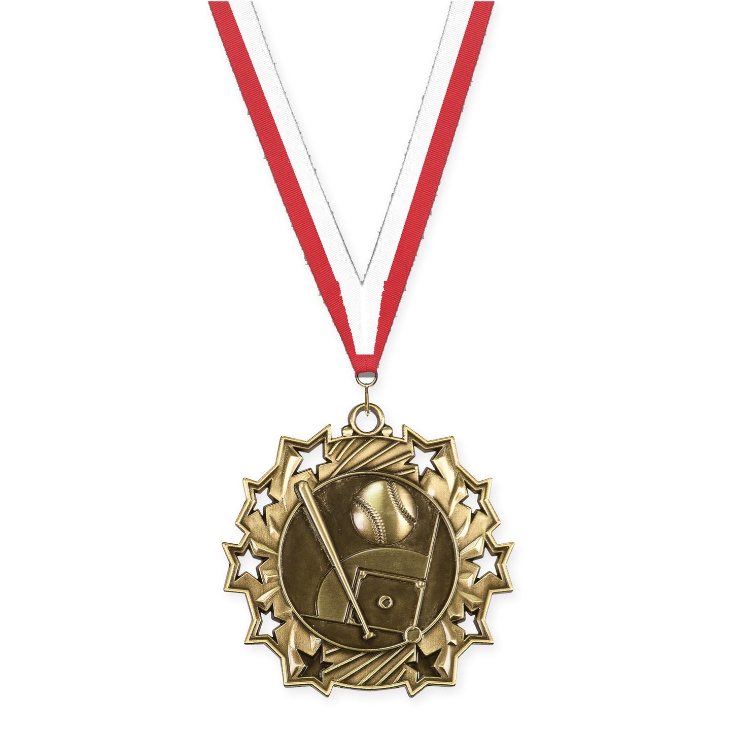 2 1/4 inch baseball and softball Ten Star medal in antique gold with Red White neck ribbon