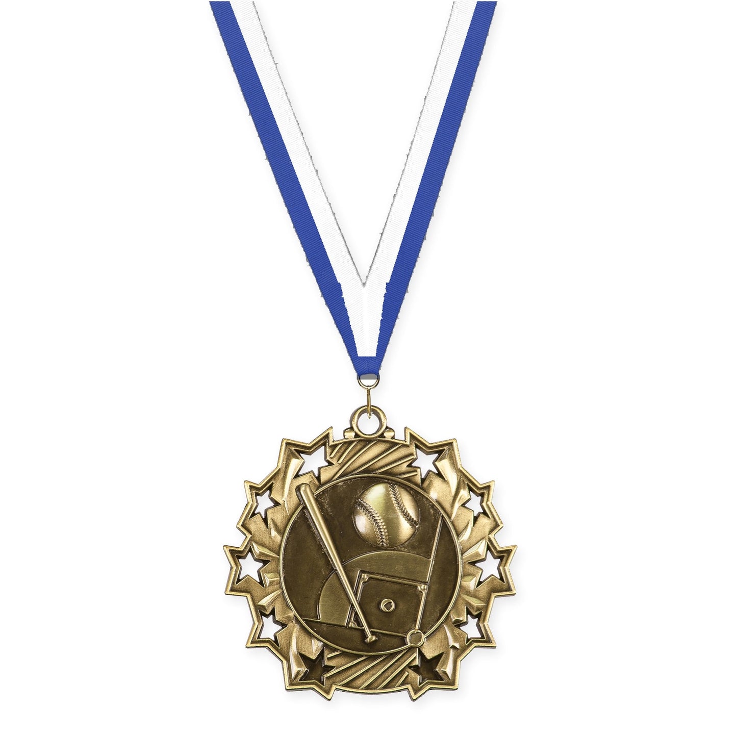 2 1/4 inch baseball and softball Ten Star medal in antique gold with Blue White neck ribbon