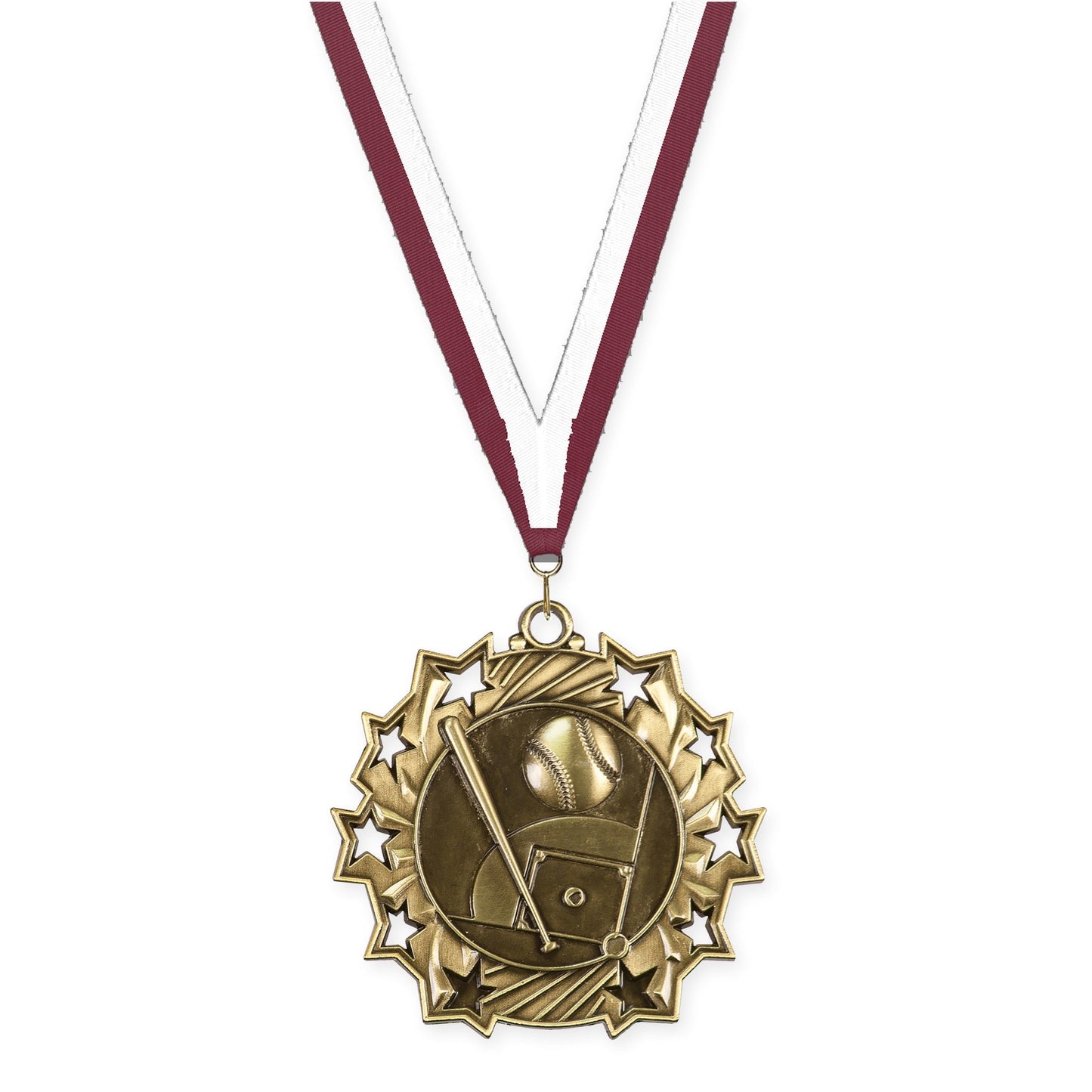 2 1/4 inch baseball and softball Ten Star medal in antique gold with Maroon White neck ribbon