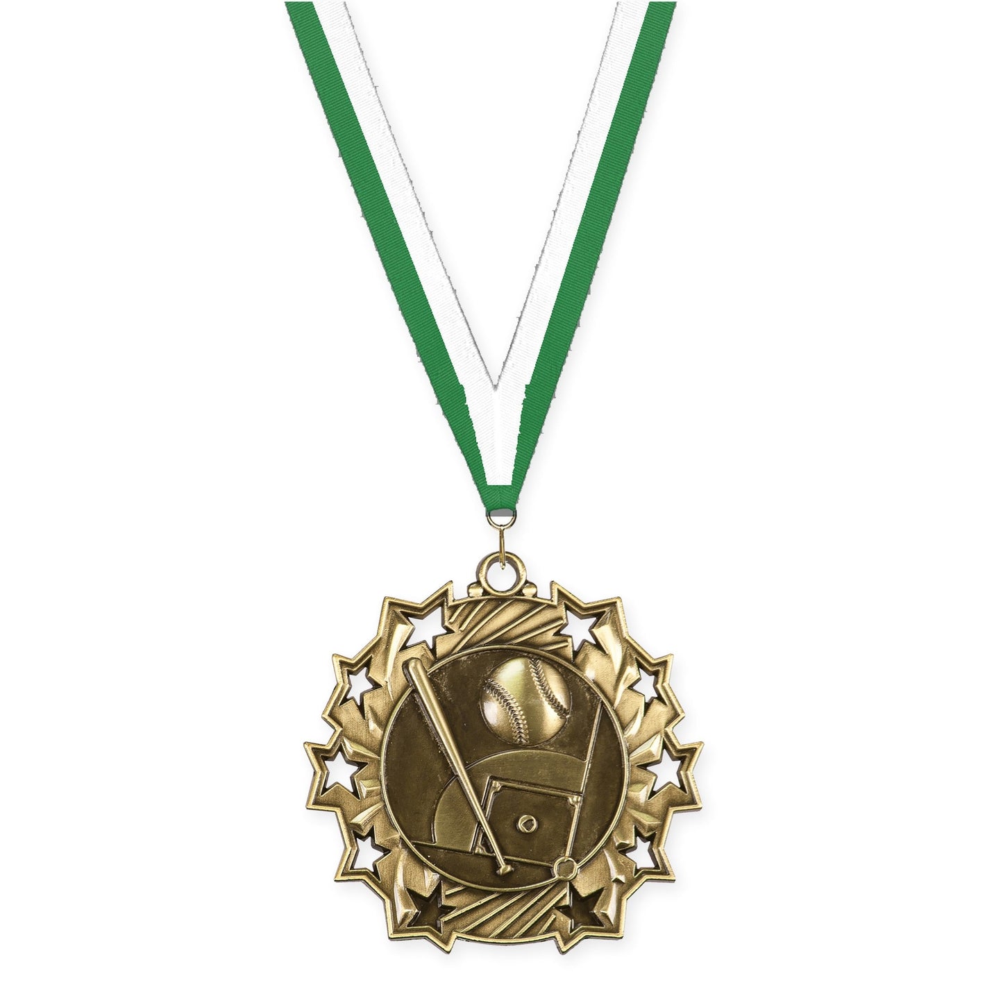 2 1/4 inch baseball and softball Ten Star medal in antique gold with Green White neck ribbon