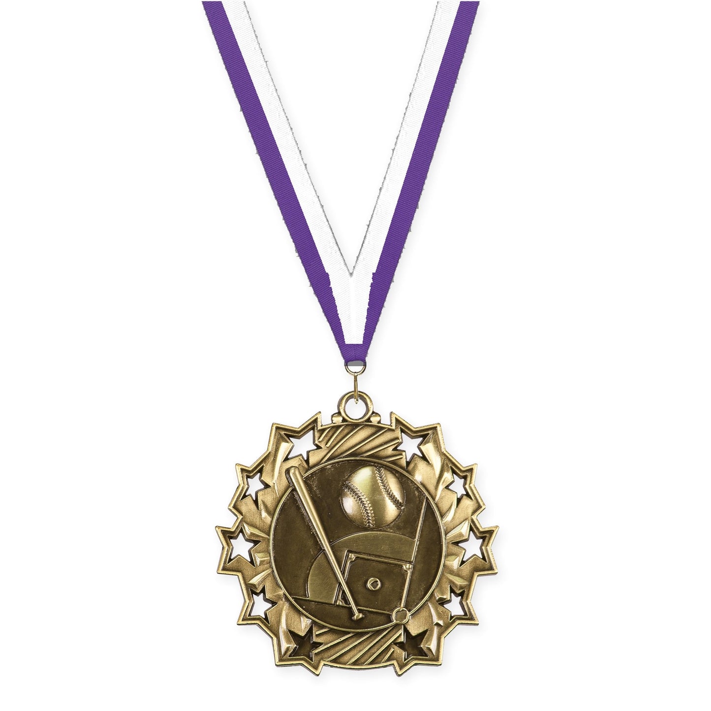 2 1/4 inch baseball and softball Ten Star medal in antique gold with Purple White neck ribbon