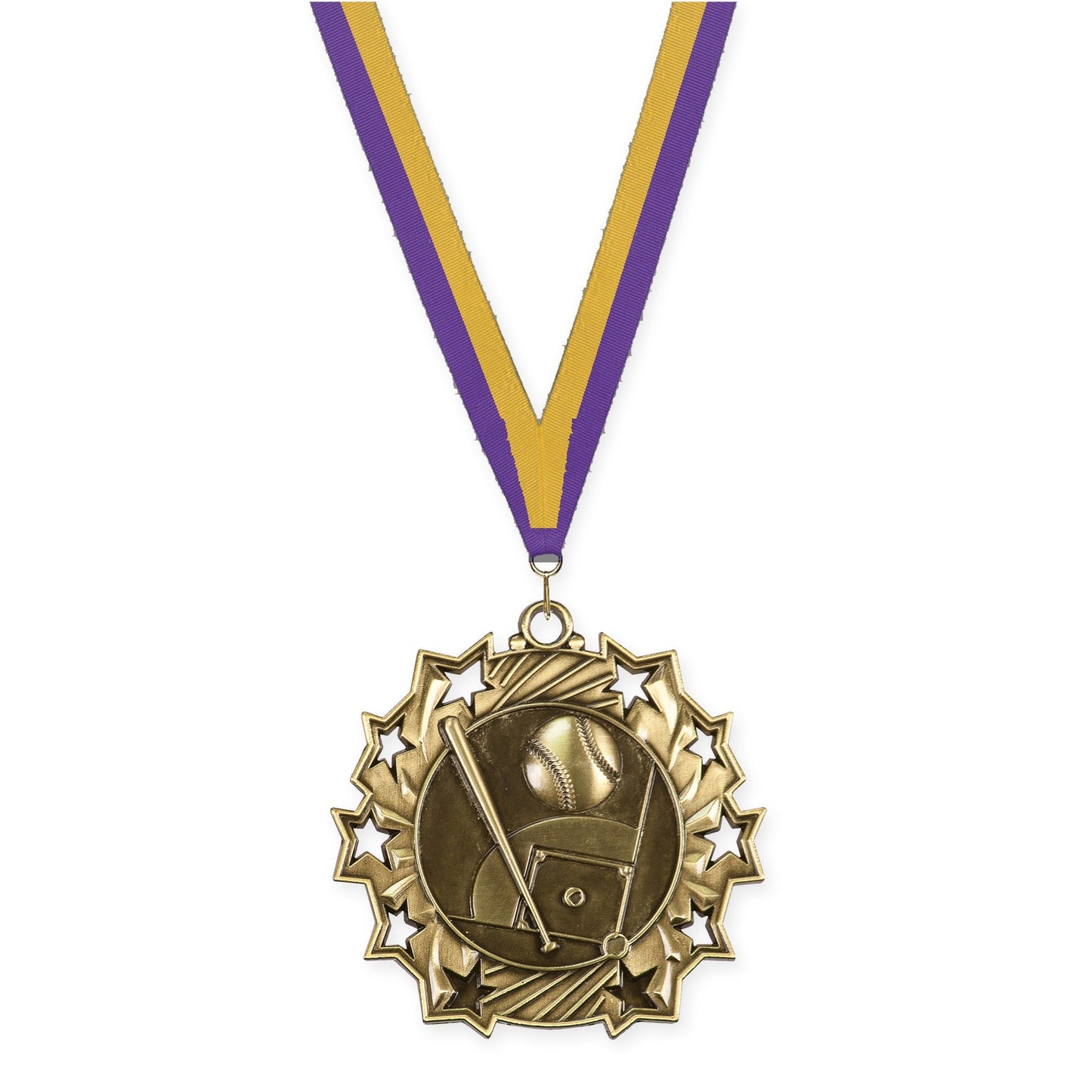 2 1/4 inch baseball and softball Ten Star medal in antique gold with Purple Gold neck ribbon