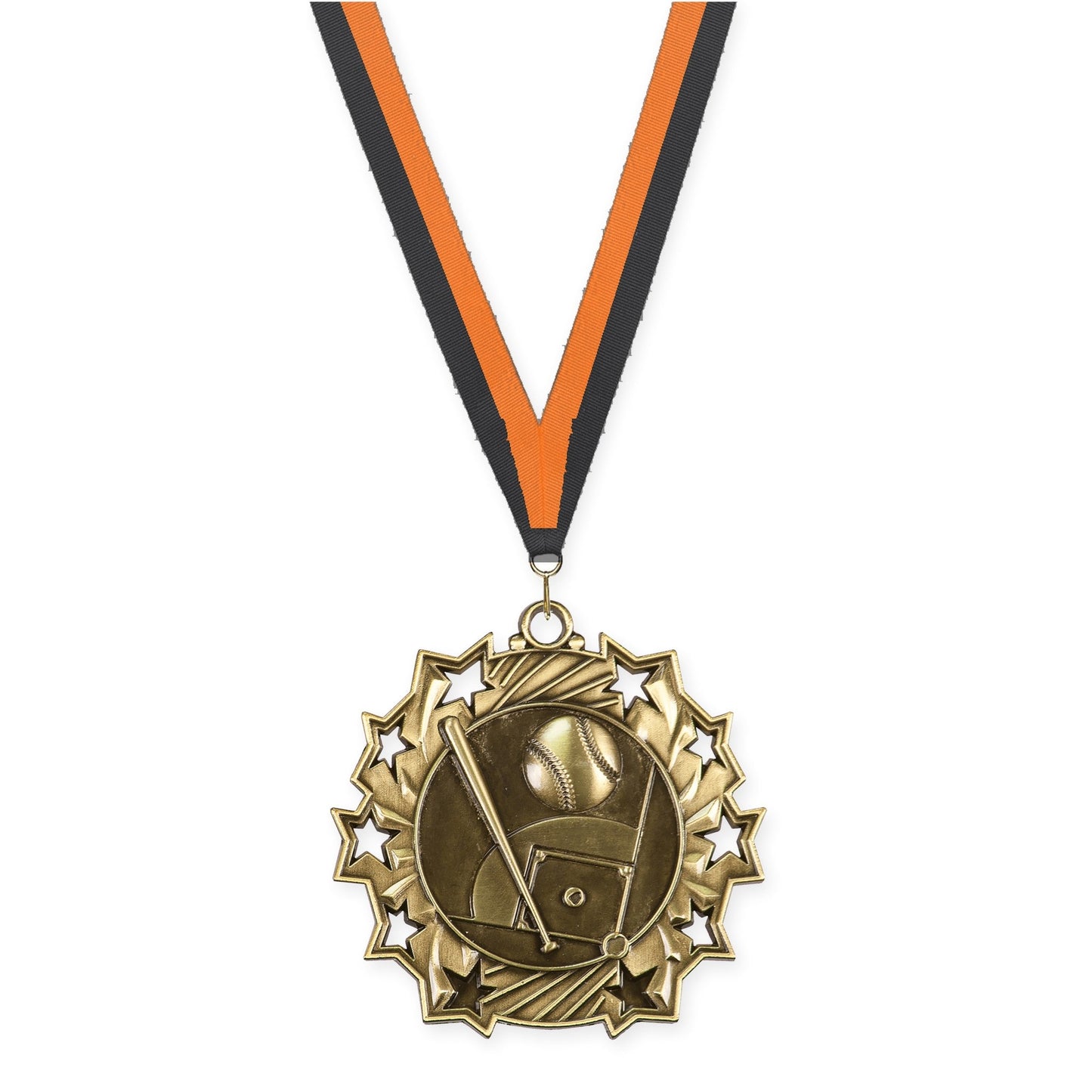 2 1/4 inch baseball and softball Ten Star medal in antique gold with Black Orange neck ribbon