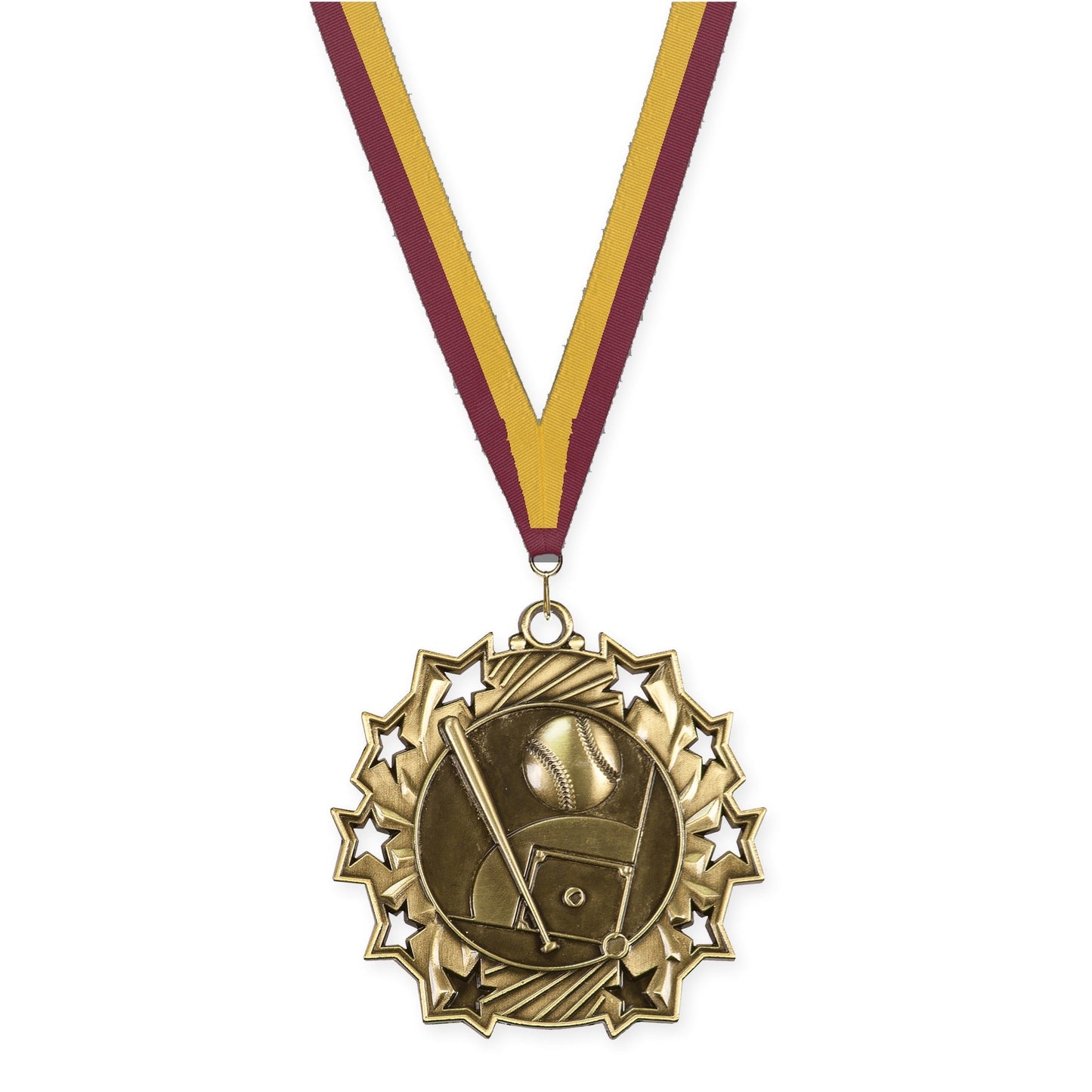 2 1/4 inch baseball and softball Ten Star medal in antique gold with Maroon Gold neck ribbon