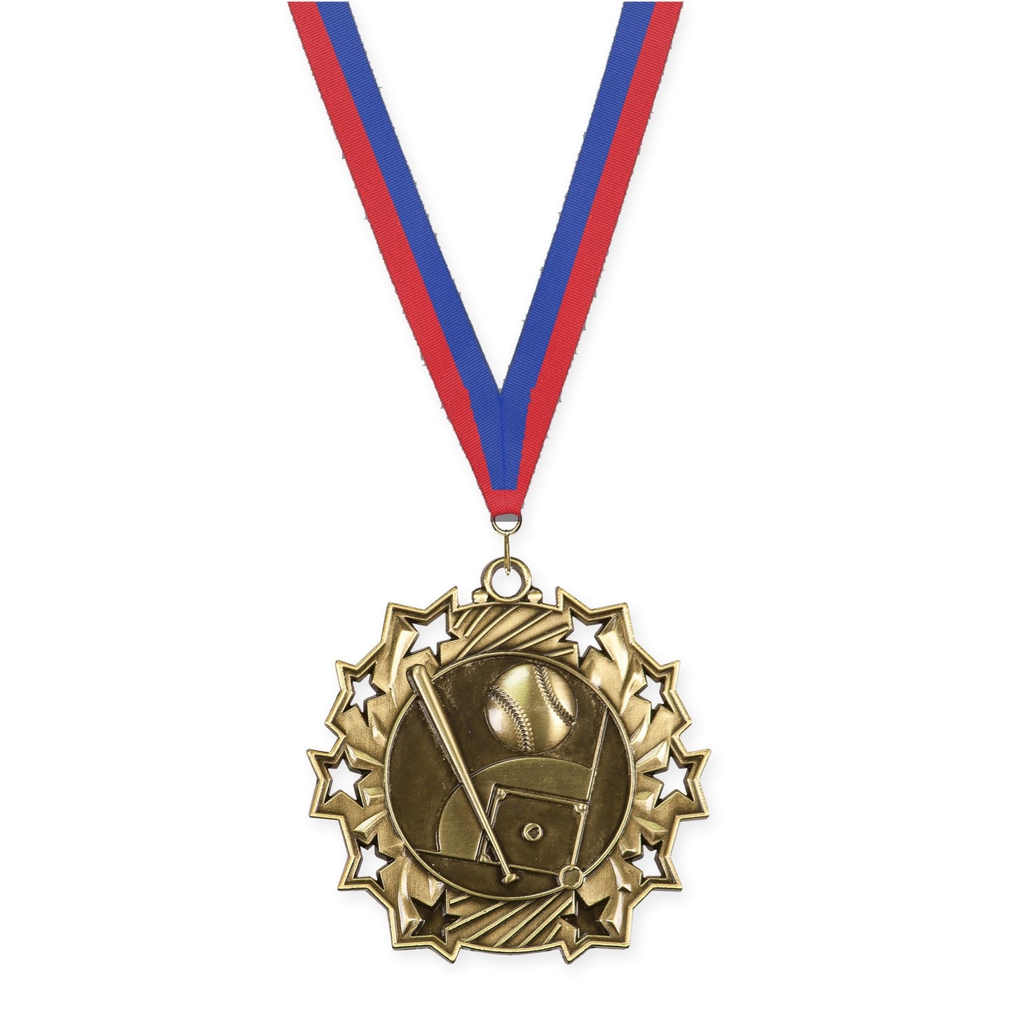 2 1/4 inch baseball and softball Ten Star medal in antique gold with Blue Red neck ribbon