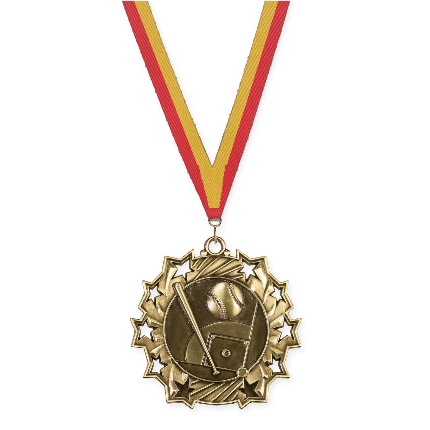 2 1/4 inch baseball and softball Ten Star medal in antique gold with Red Gold neck ribbon