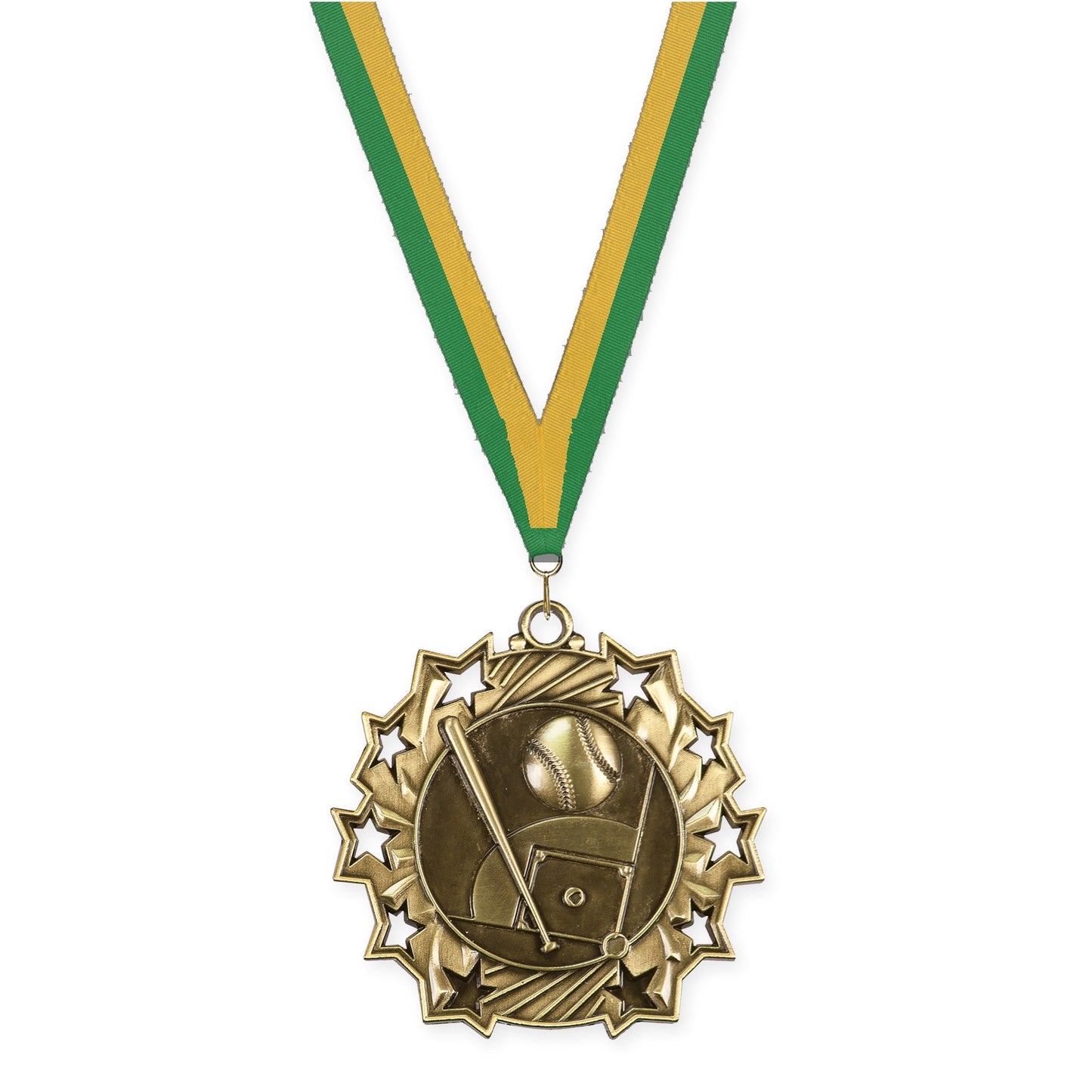 2 1/4 inch baseball and softball Ten Star medal in antique gold with Green Gold neck ribbon