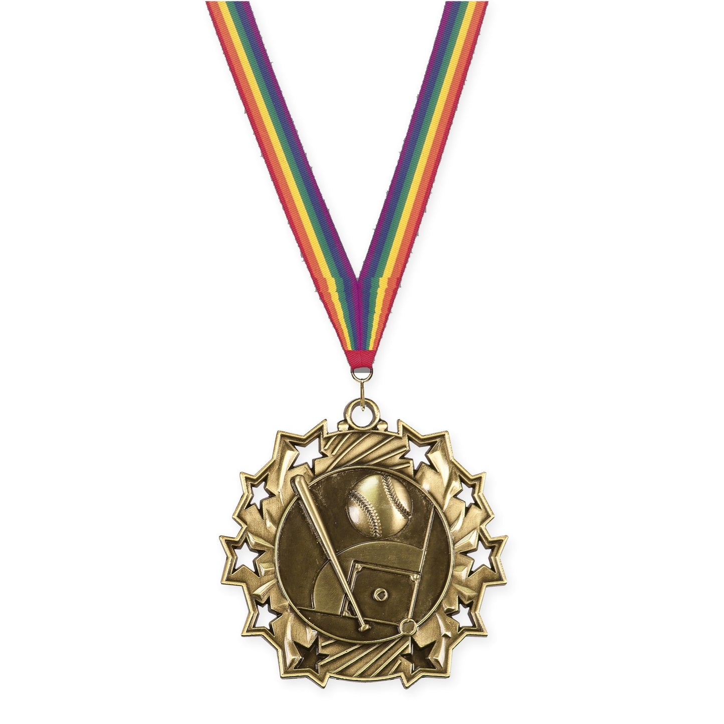 2 1/4 inch baseball and softball Ten Star medal in antique gold with Rainbow neck ribbon