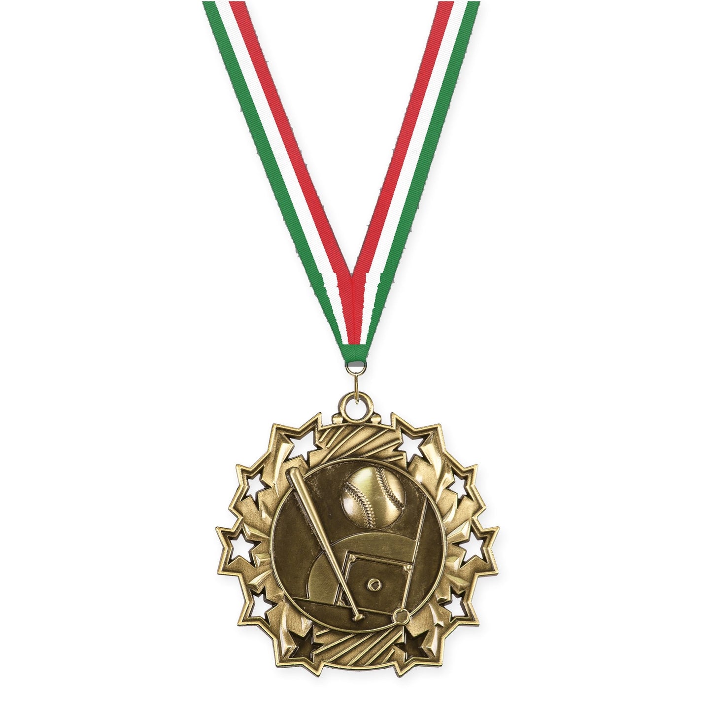 2 1/4 inch baseball and softball Ten Star medal in antique gold with Green White Red neck ribbon