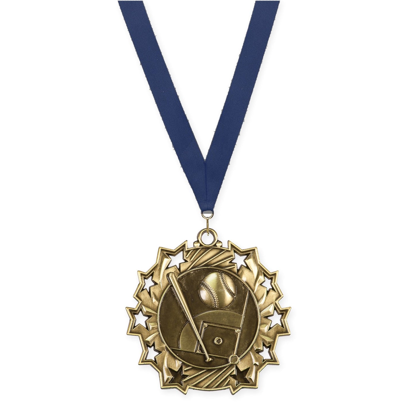 2 1/4 inch baseball and softball Ten Star medal in antique gold with Navy neck ribbon