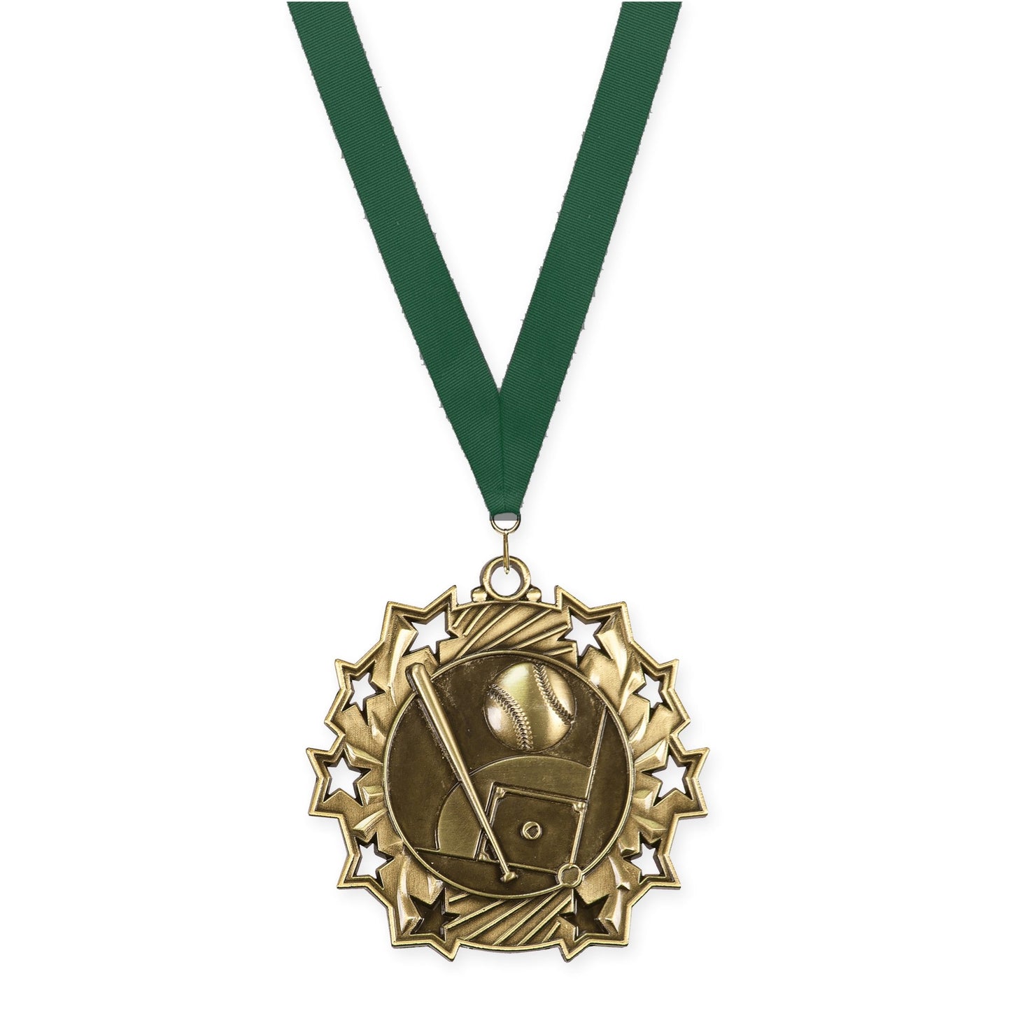 2 1/4 inch baseball and softball Ten Star medal in antique gold with Hunter Green neck ribbon