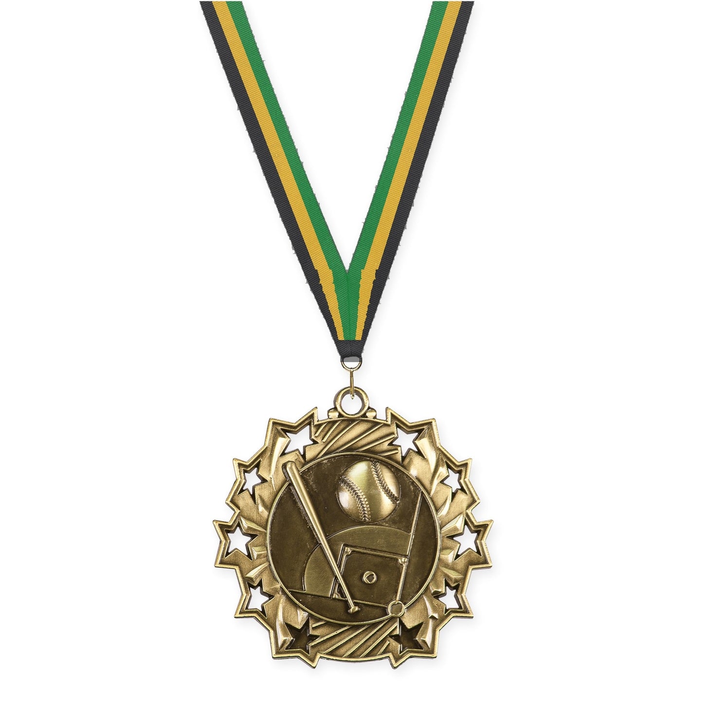 2 1/4 inch baseball and softball Ten Star medal in antique gold with Black Gold Green neck ribbon