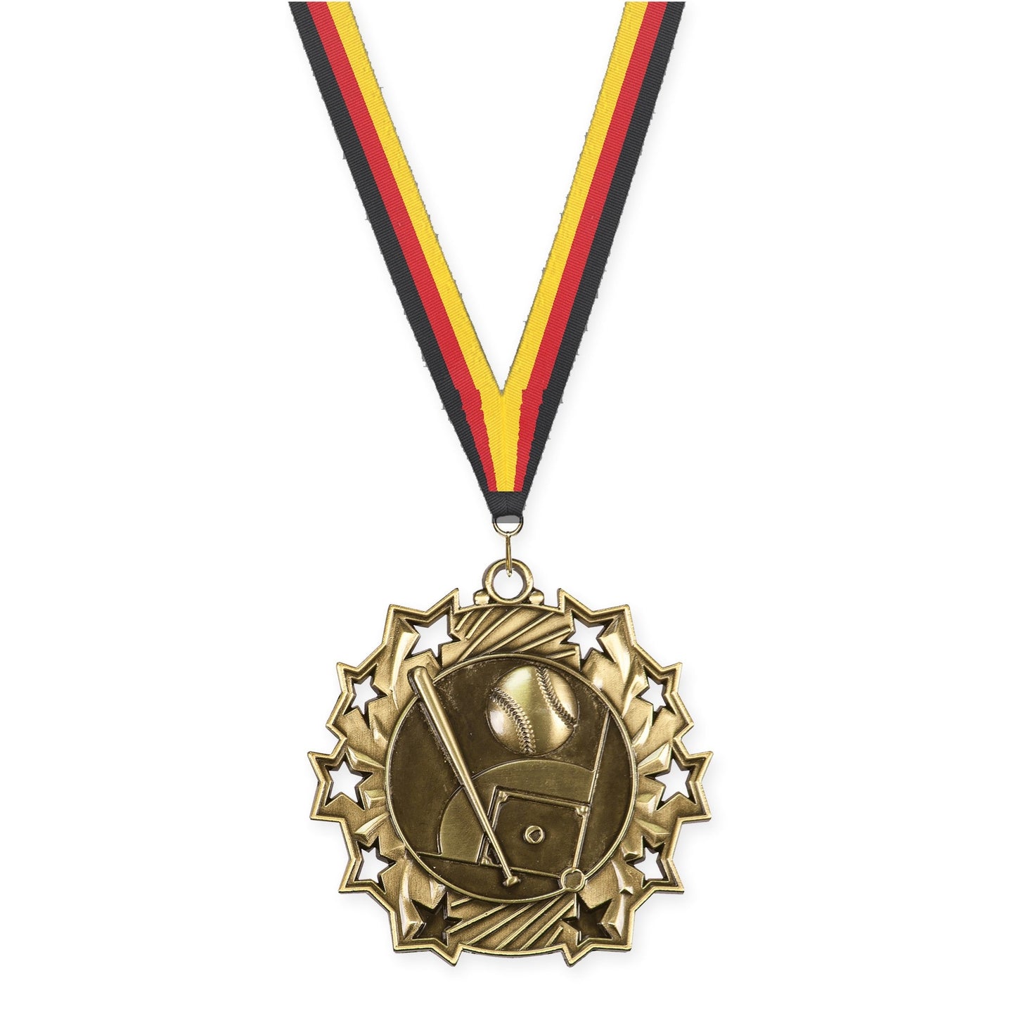 2 1/4 inch baseball and softball Ten Star medal in antique gold with Black Red Yellow neck ribbon