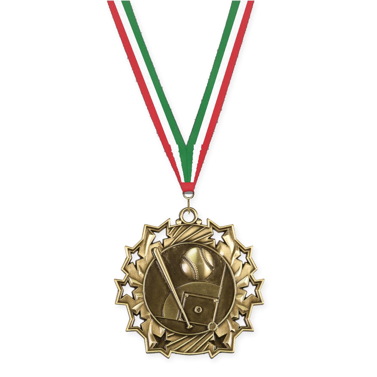 2 1/4 inch baseball and softball Ten Star medal in antique gold with Red White Green neck ribbon