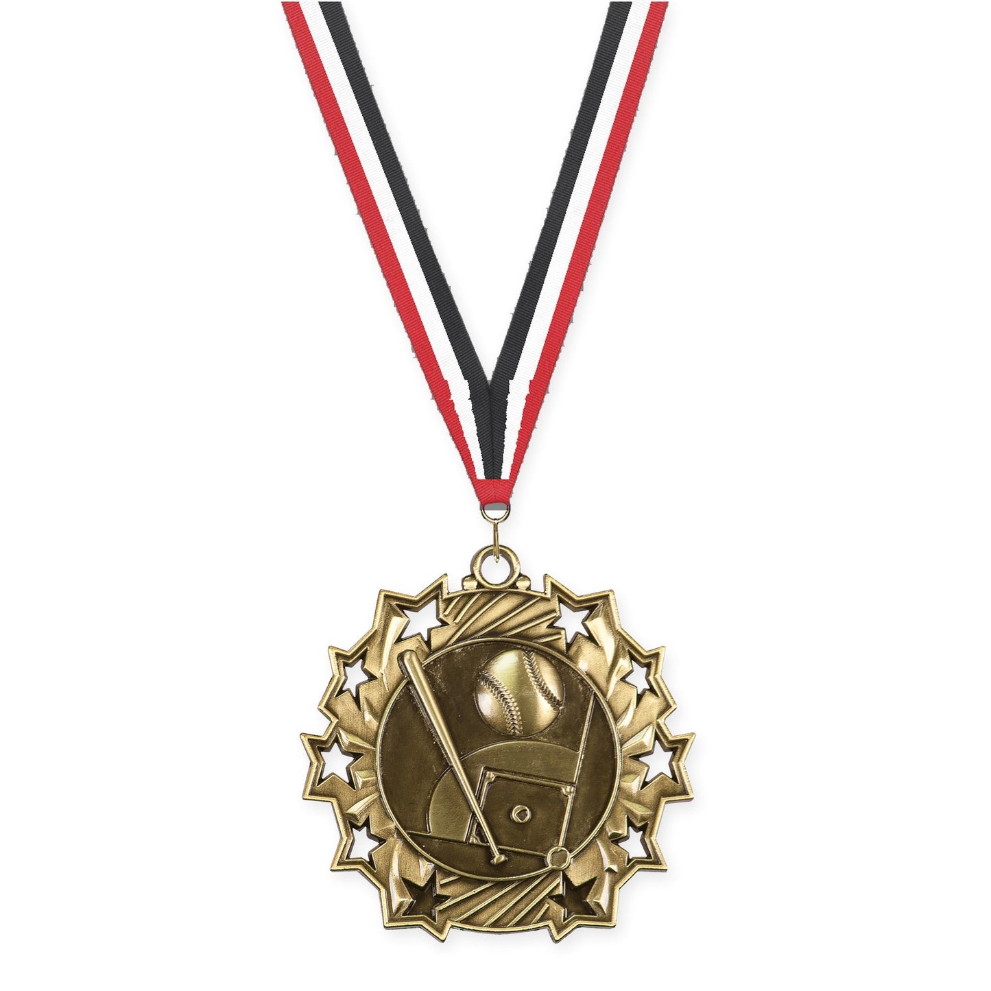 2 1/4 inch baseball and softball Ten Star medal in antique gold with Red White Black neck ribbon