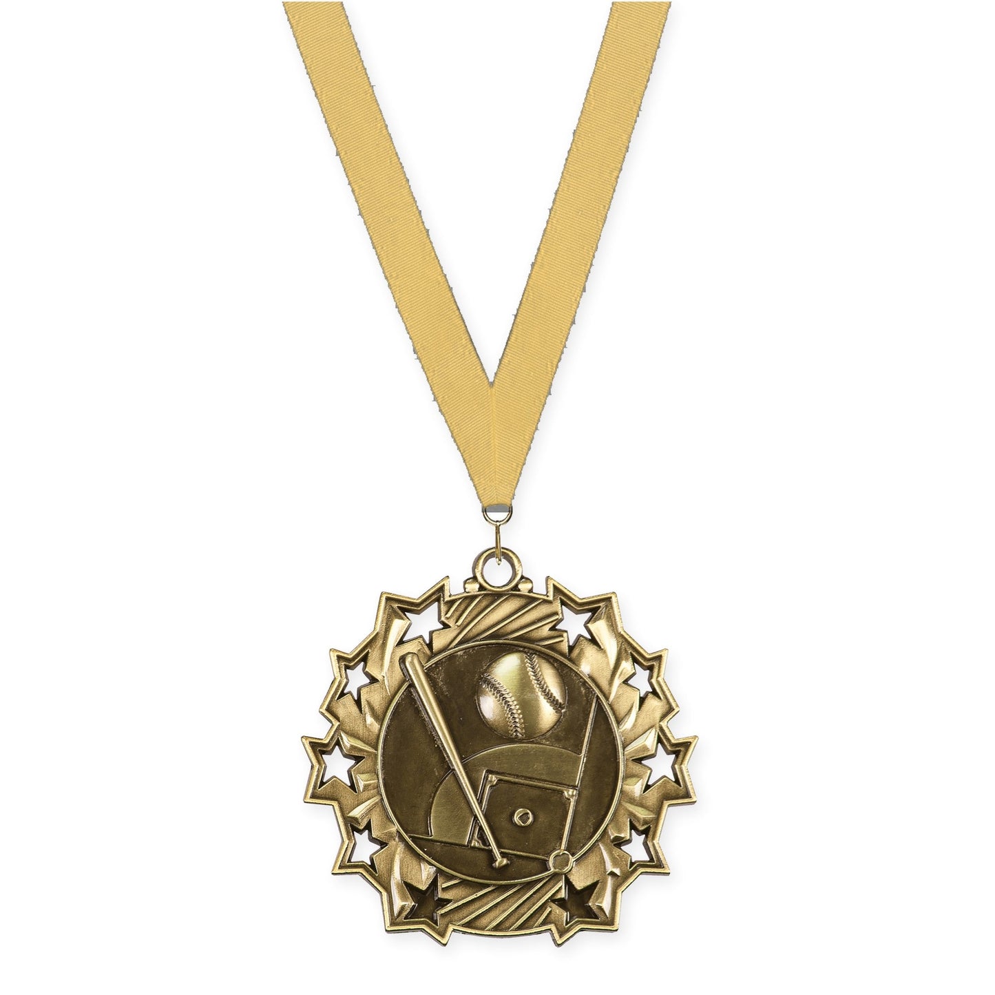 2 1/4 inch baseball and softball Ten Star medal in antique gold with Gold Metallic neck ribbon