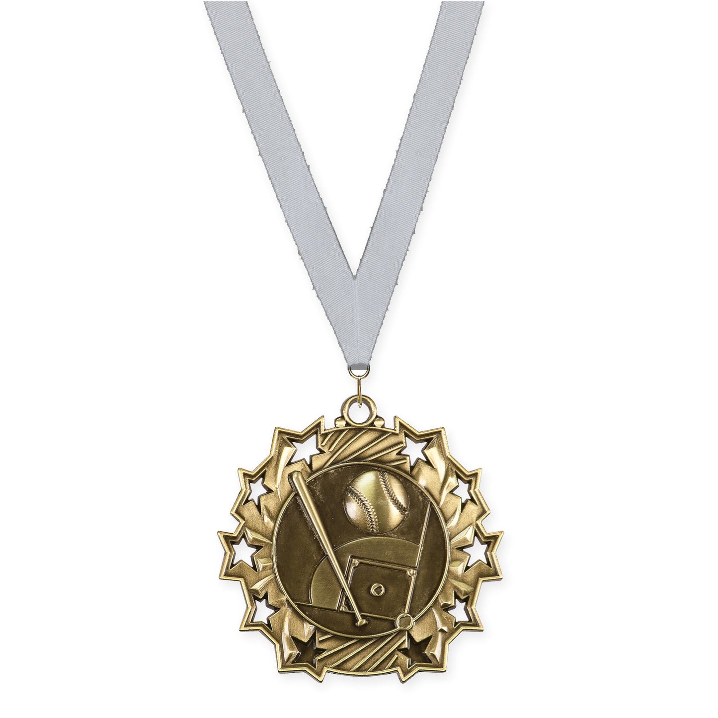 2 1/4 inch baseball and softball Ten Star medal in antique gold with Silver Metallic neck ribbon