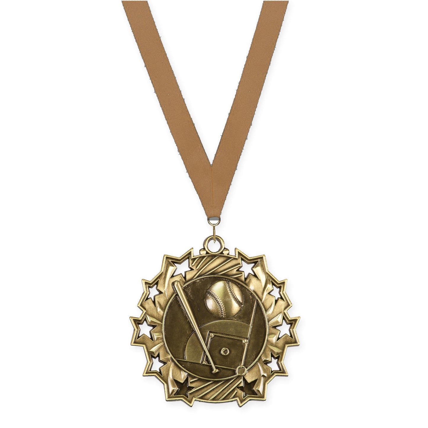 2 1/4 inch baseball and softball Ten Star medal in antique gold with Bronze Metallic neck ribbon