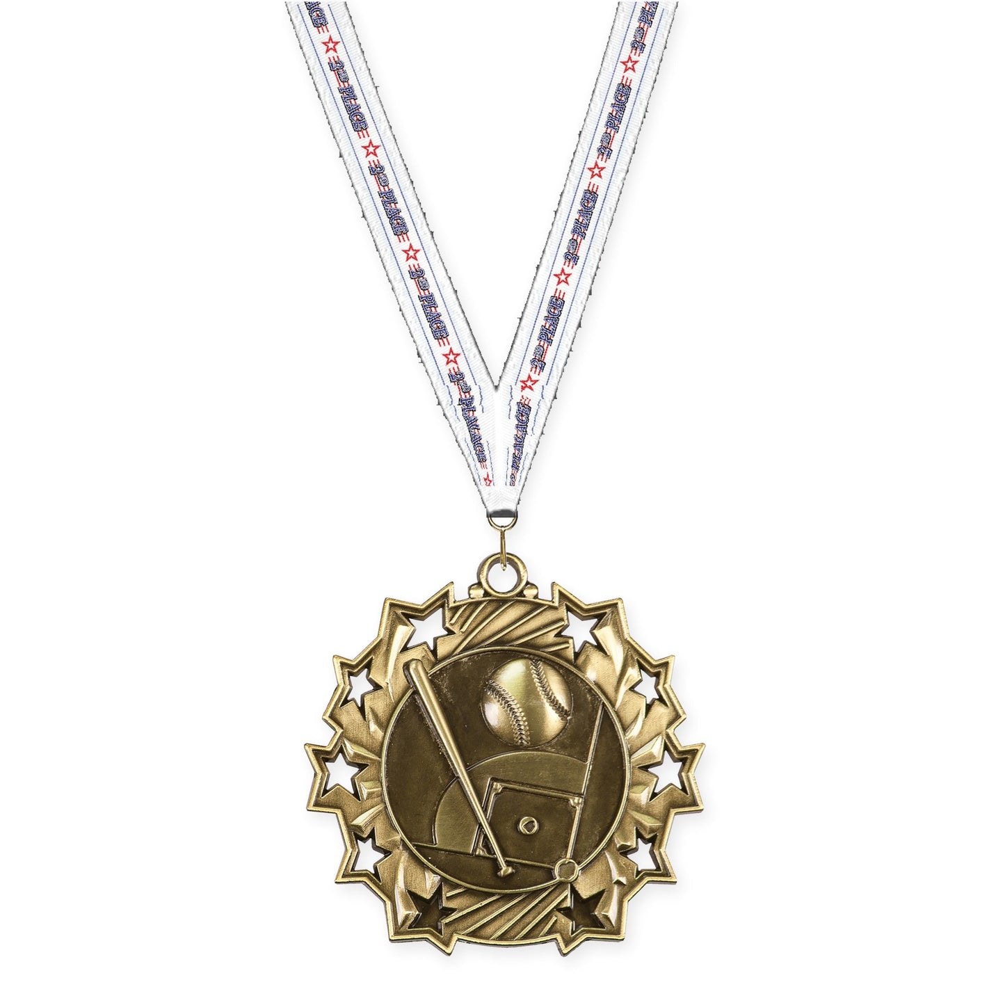 2 1/4 inch baseball and softball Ten Star medal in antique gold with 2nd Place neck ribbon