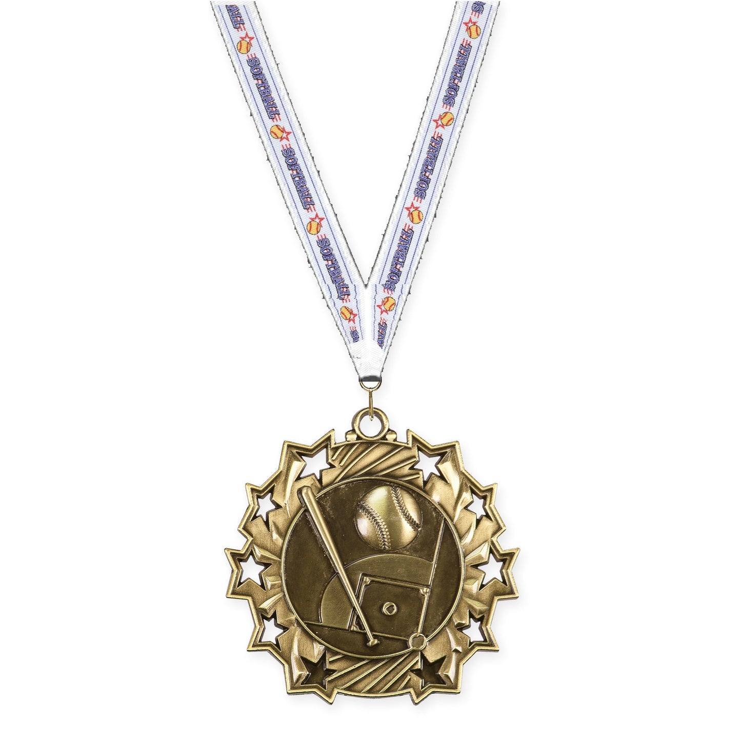 2 1/4 inch baseball and softball Ten Star medal in antique gold with Softball neck ribbon