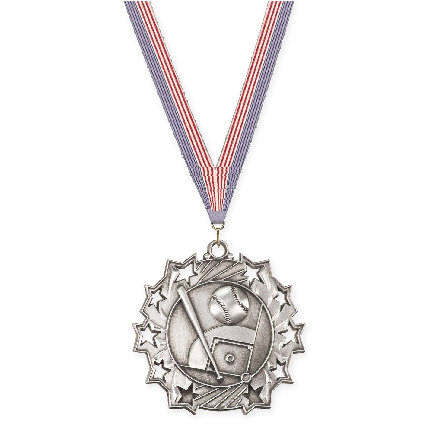 2 1/4 inch baseball and softball Ten Star medal in antique silver with USA Flag neck ribbon