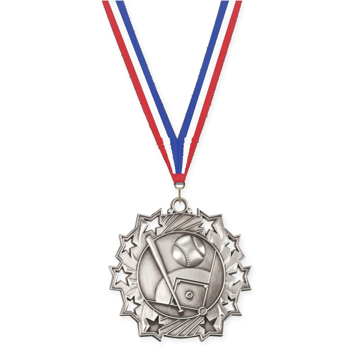 2 1/4 inch baseball and softball Ten Star medal in antique silver with Red White Blue neck ribbon