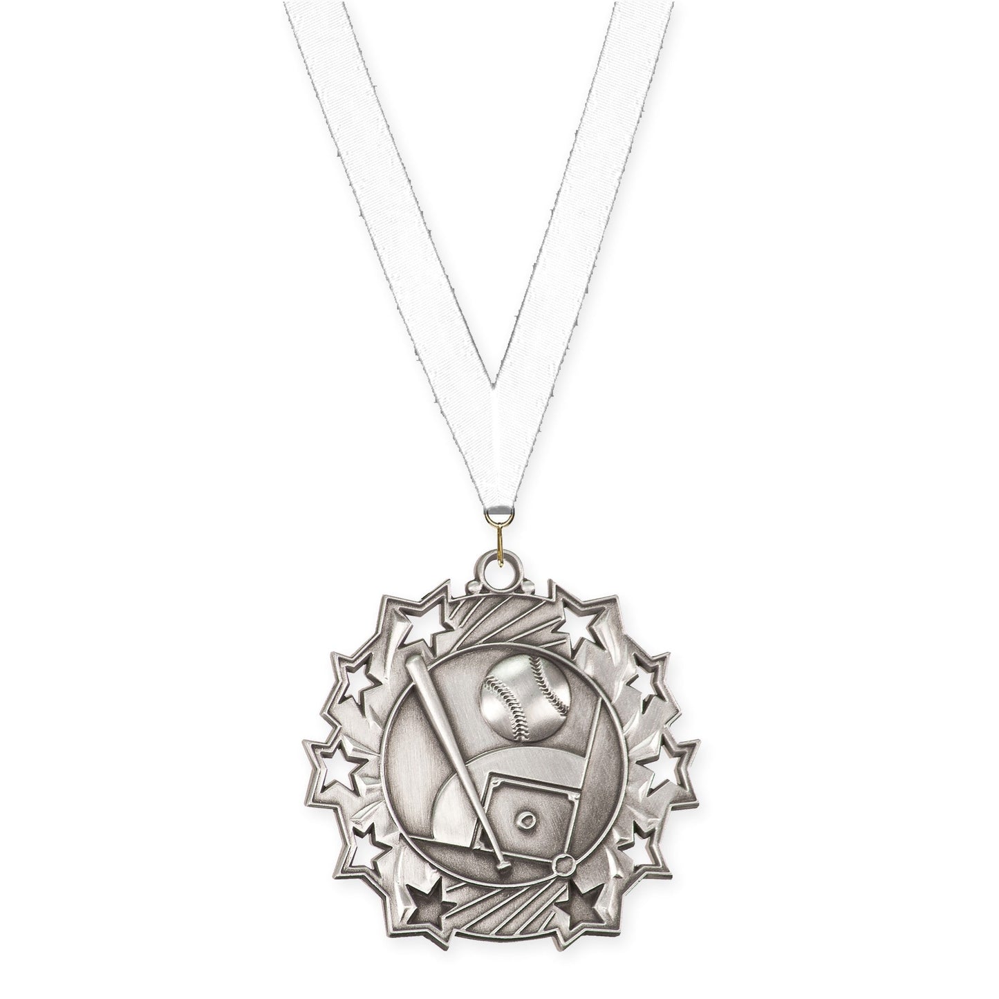 2 1/4 inch baseball and softball Ten Star medal in antique silver with White neck ribbon