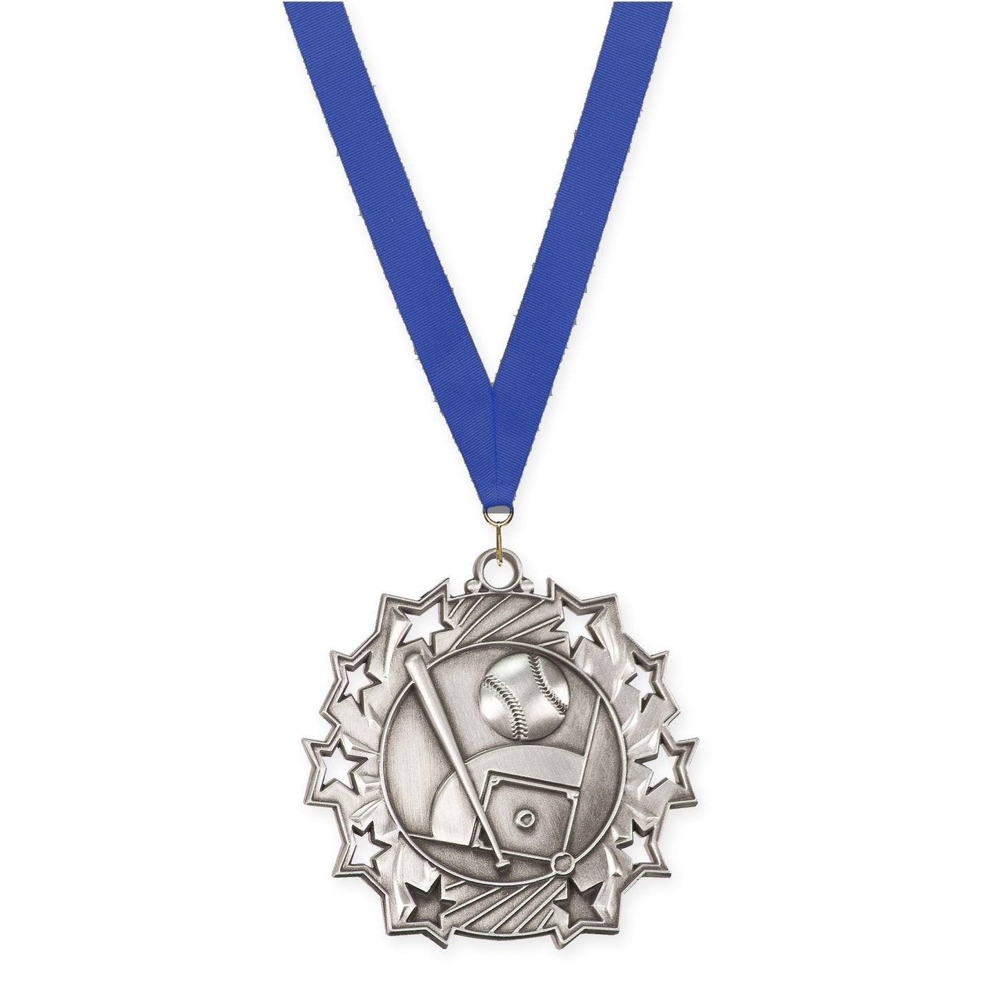 2 1/4 inch baseball and softball Ten Star medal in antique silver with Blue neck ribbon