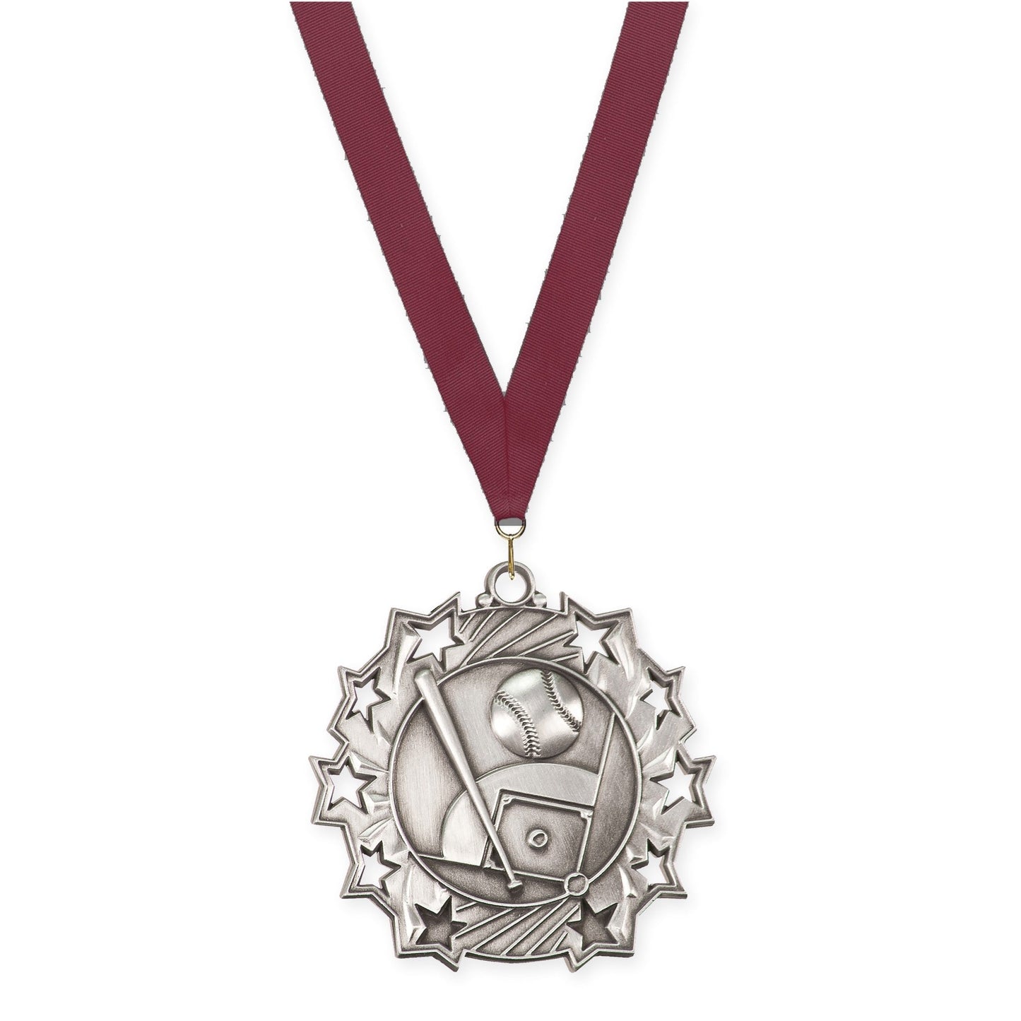 2 1/4 inch baseball and softball Ten Star medal in antique silver with Maroon neck ribbon