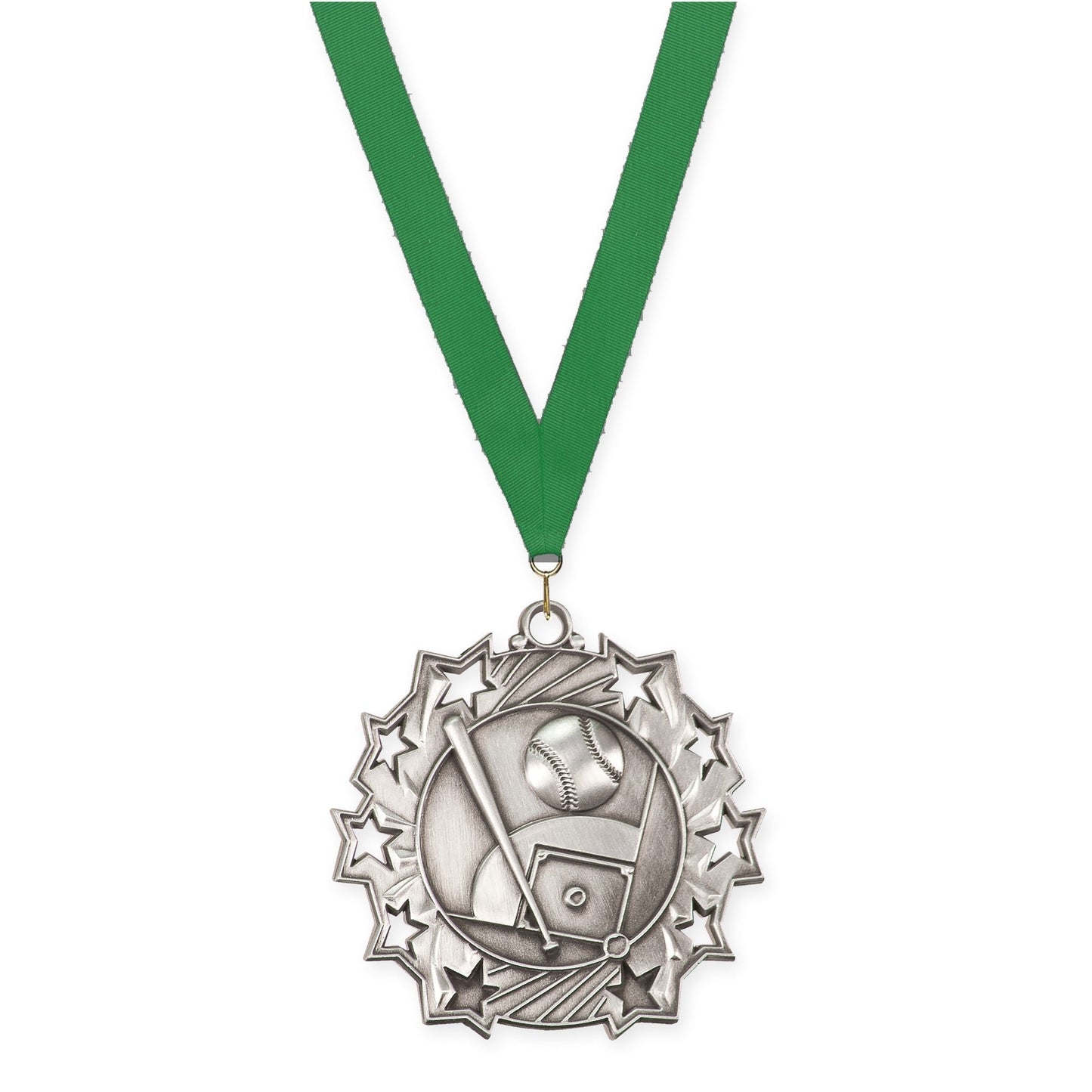 2 1/4 inch baseball and softball Ten Star medal in antique silver with Green neck ribbon