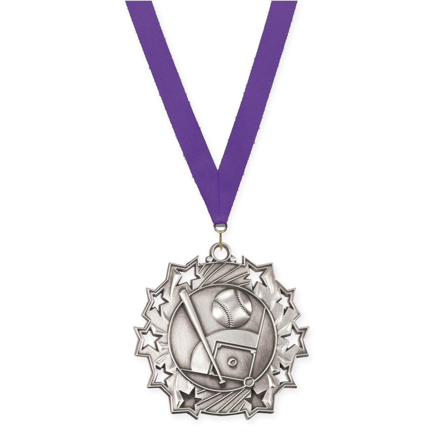 2 1/4 inch baseball and softball Ten Star medal in antique silver with Purple neck ribbon