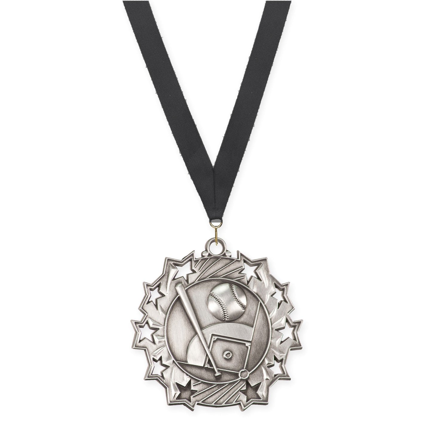 2 1/4 inch baseball and softball Ten Star medal in antique silver with Black neck ribbon