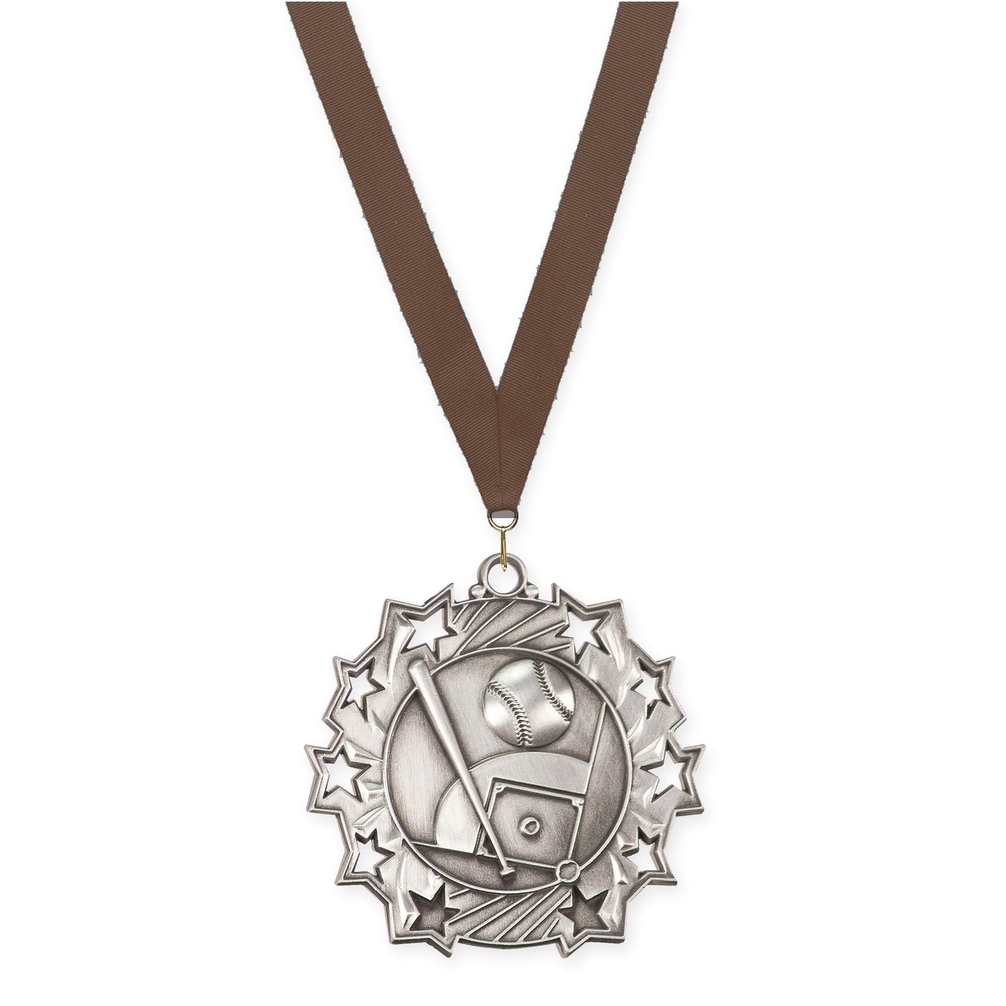 2 1/4 inch baseball and softball Ten Star medal in antique silver with Brown neck ribbon