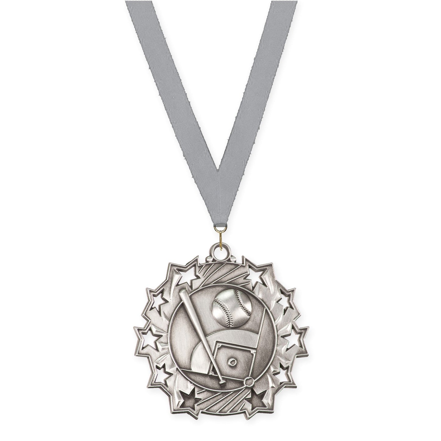 2 1/4 inch baseball and softball Ten Star medal in antique silver with Gray neck ribbon