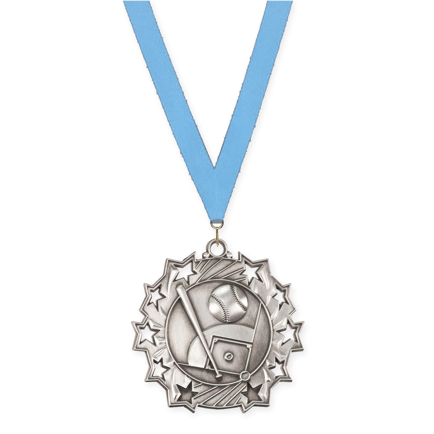2 1/4 inch baseball and softball Ten Star medal in antique silver with Light Blue neck ribbon