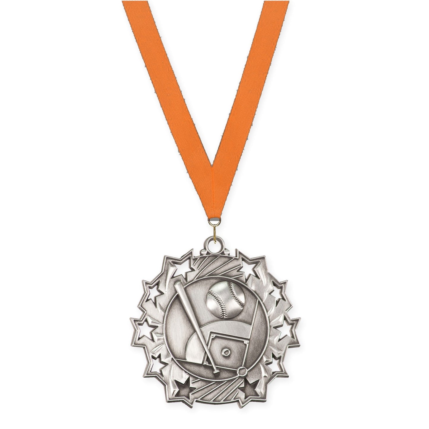 2 1/4 inch baseball and softball Ten Star medal in antique silver with Orange neck ribbon