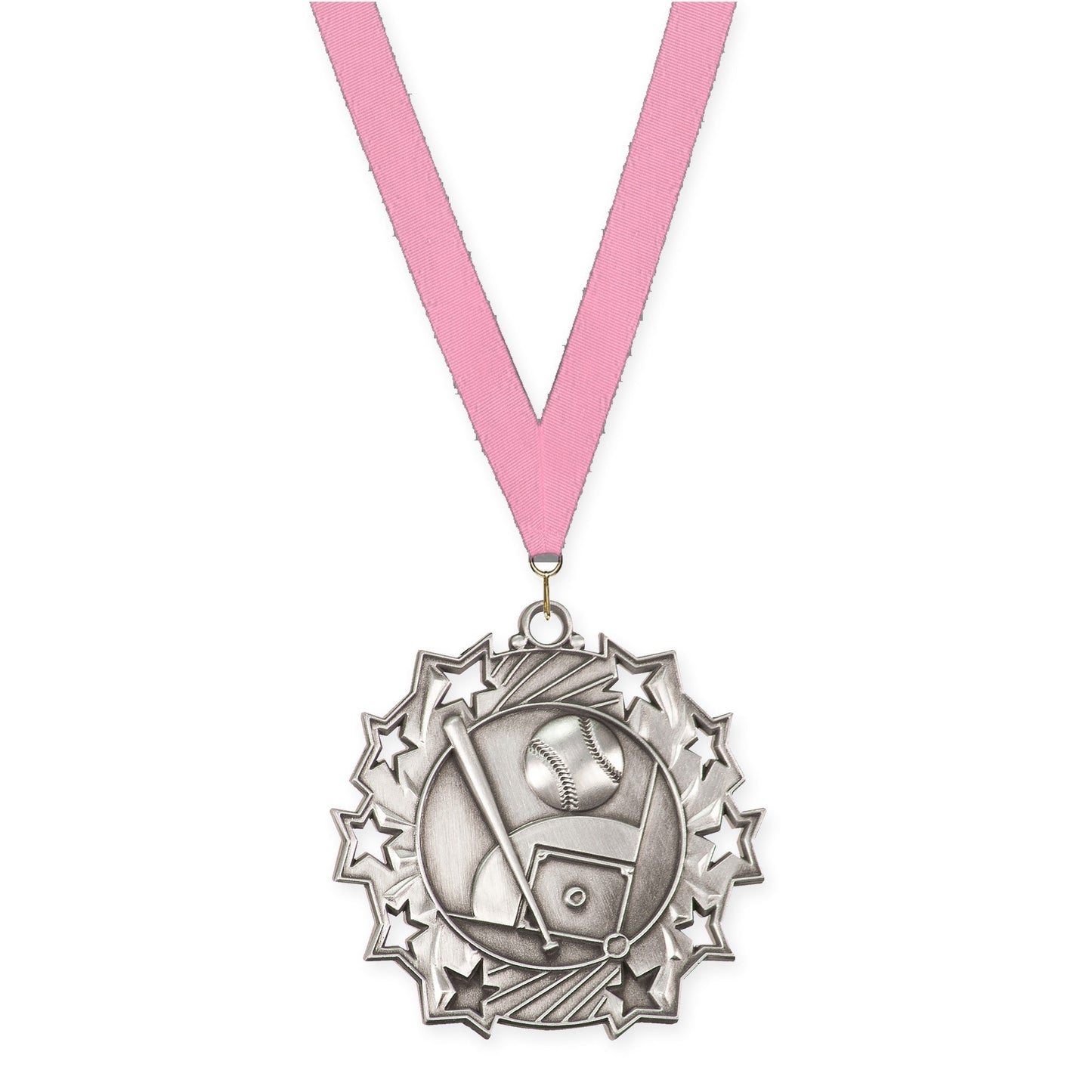 2 1/4 inch baseball and softball Ten Star medal in antique silver with Pink neck ribbon