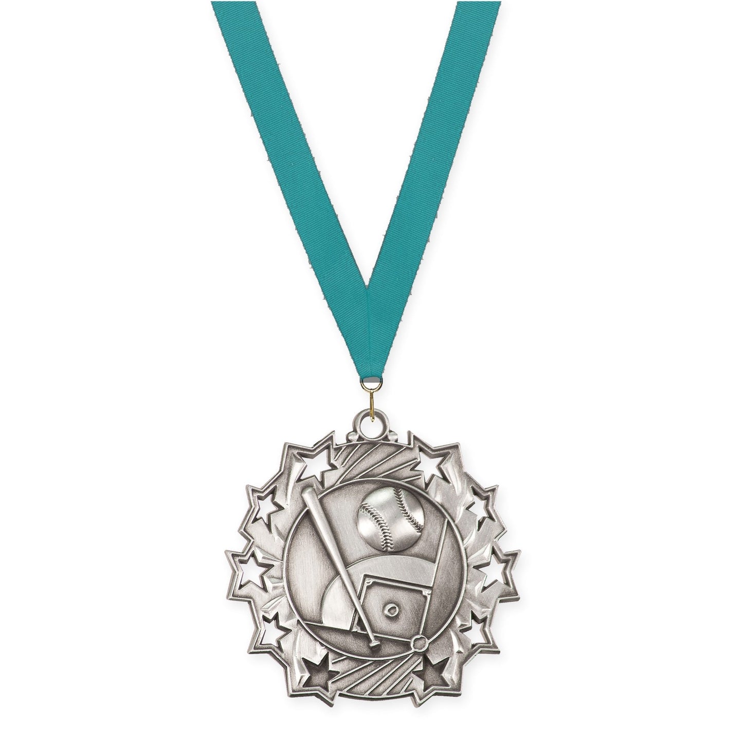 2 1/4 inch baseball and softball Ten Star medal in antique silver with Teal neck ribbon